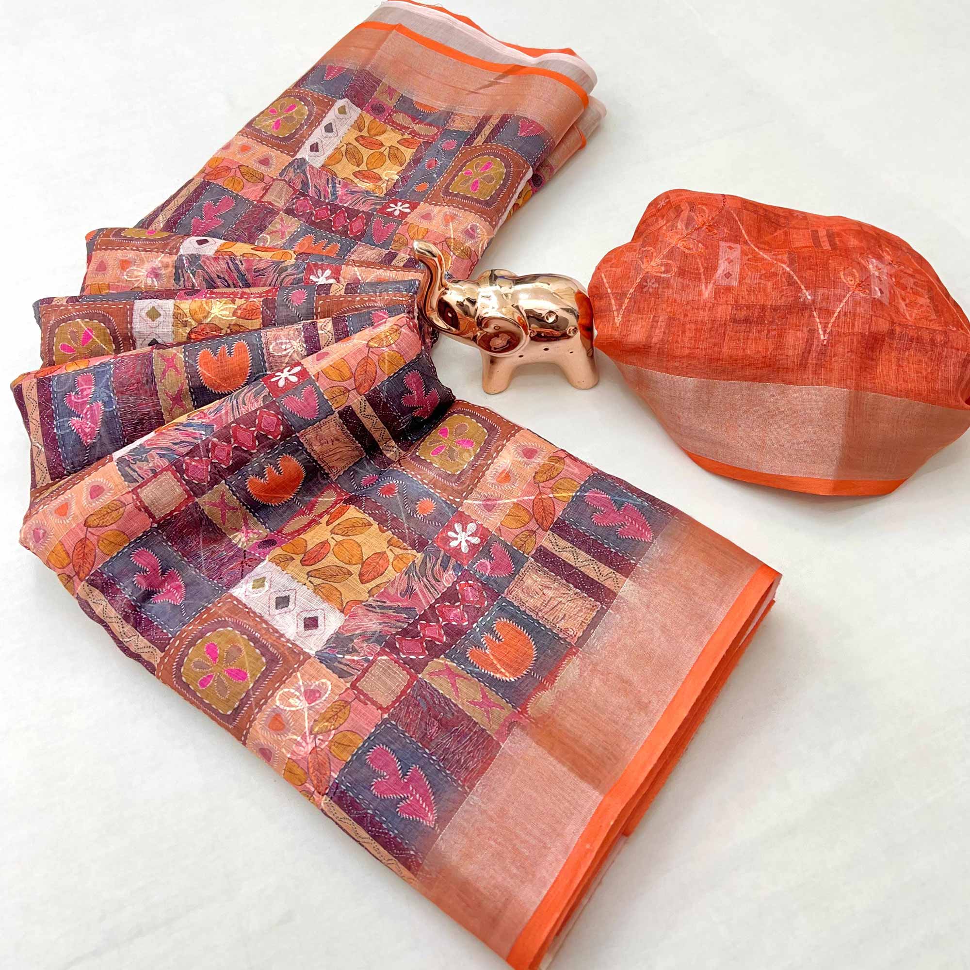 Beautiful Peach Floral Printed Saree in Lightweight Soft Linen Fabric