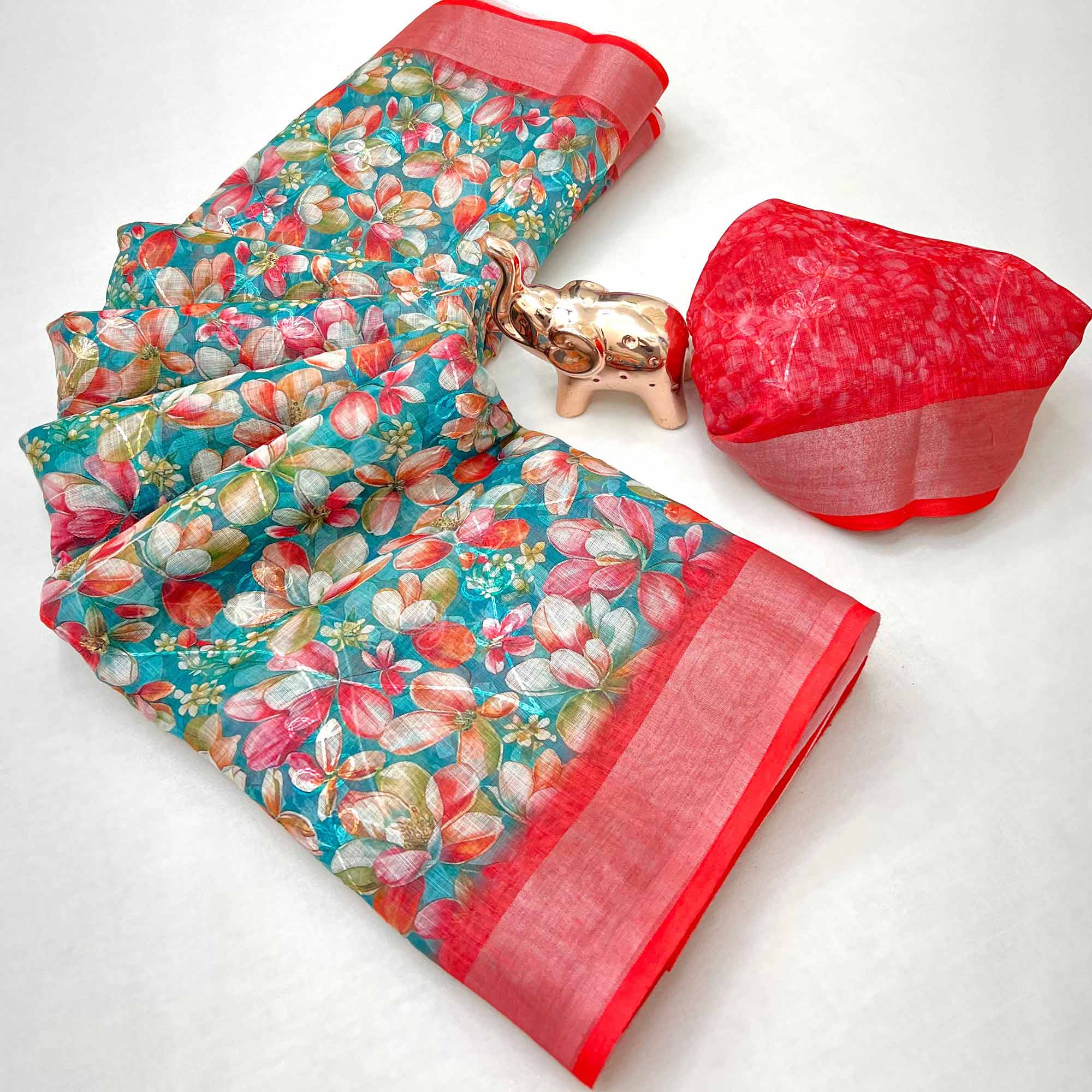 Beautiful Teal Floral Printed Saree in Lightweight Soft Linen Fabric