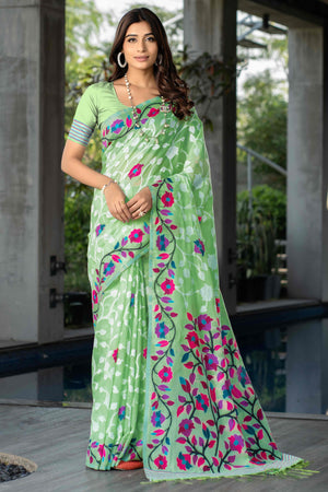Green Floral Woven Cotton Jacquard Jamdani Saree With A Graceful Tassel Border
