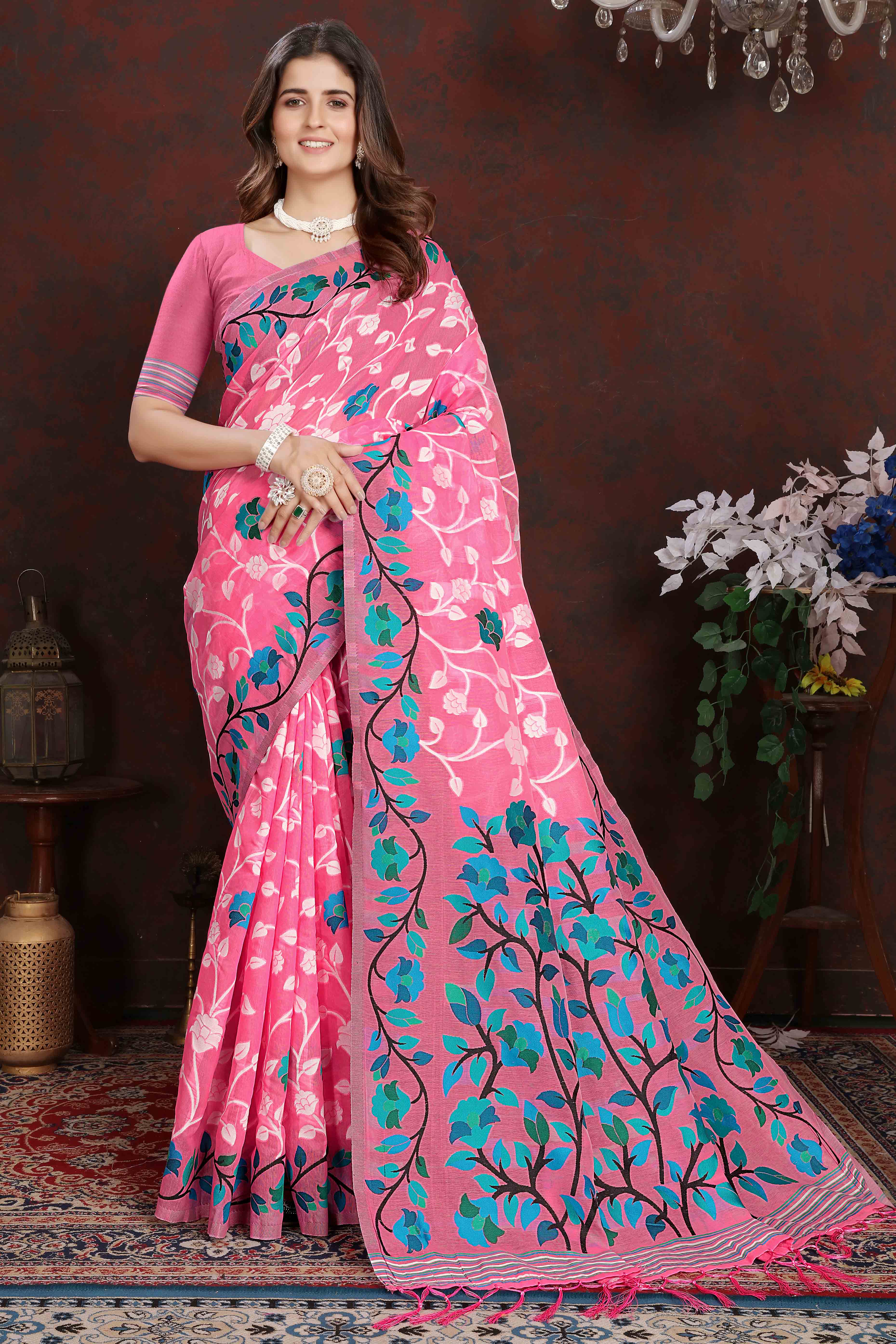 Pink Floral Woven Cotton Jacquard Jamdani Saree With A Graceful Tassel Border