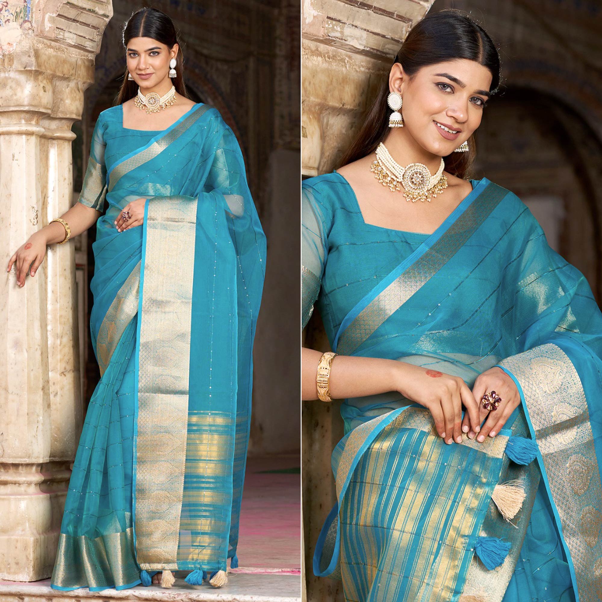 Blue Sequins Embroidered Organza Saree With Woven Border