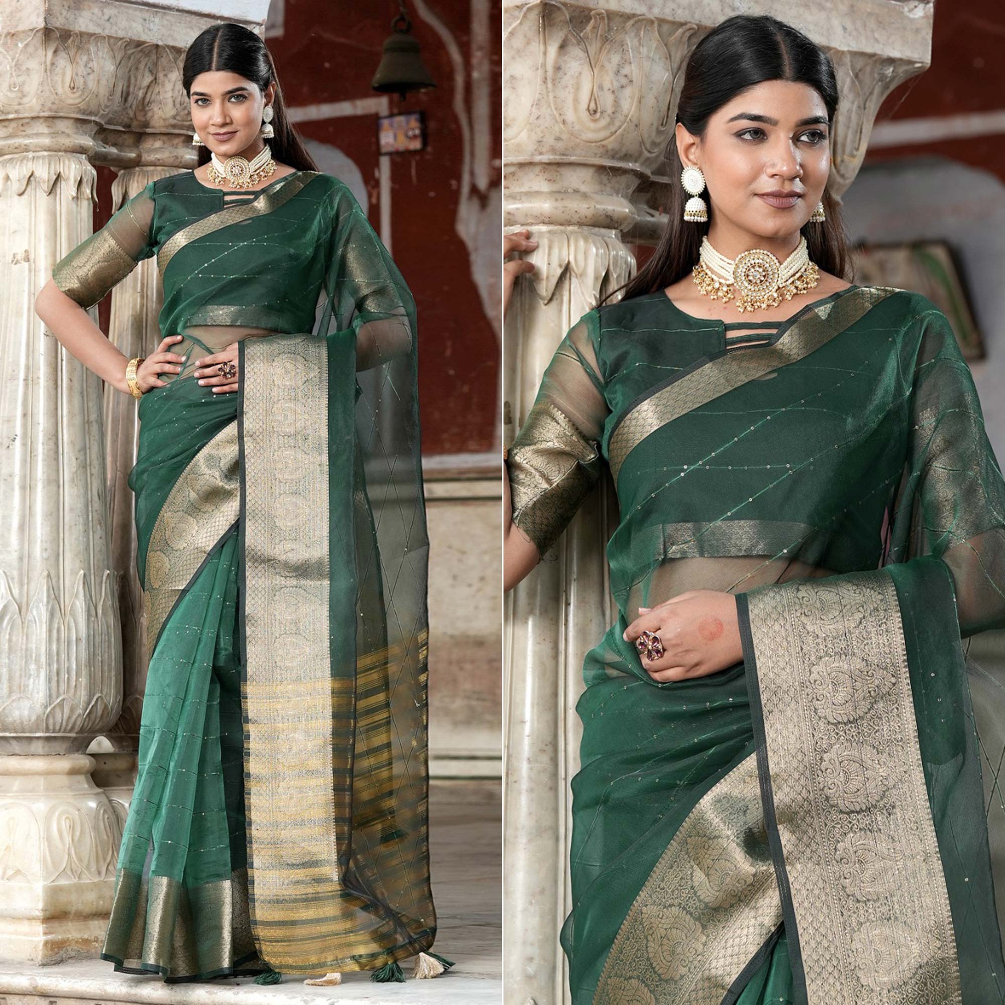 Green Sequins Embroidered Organza Saree With Woven Border