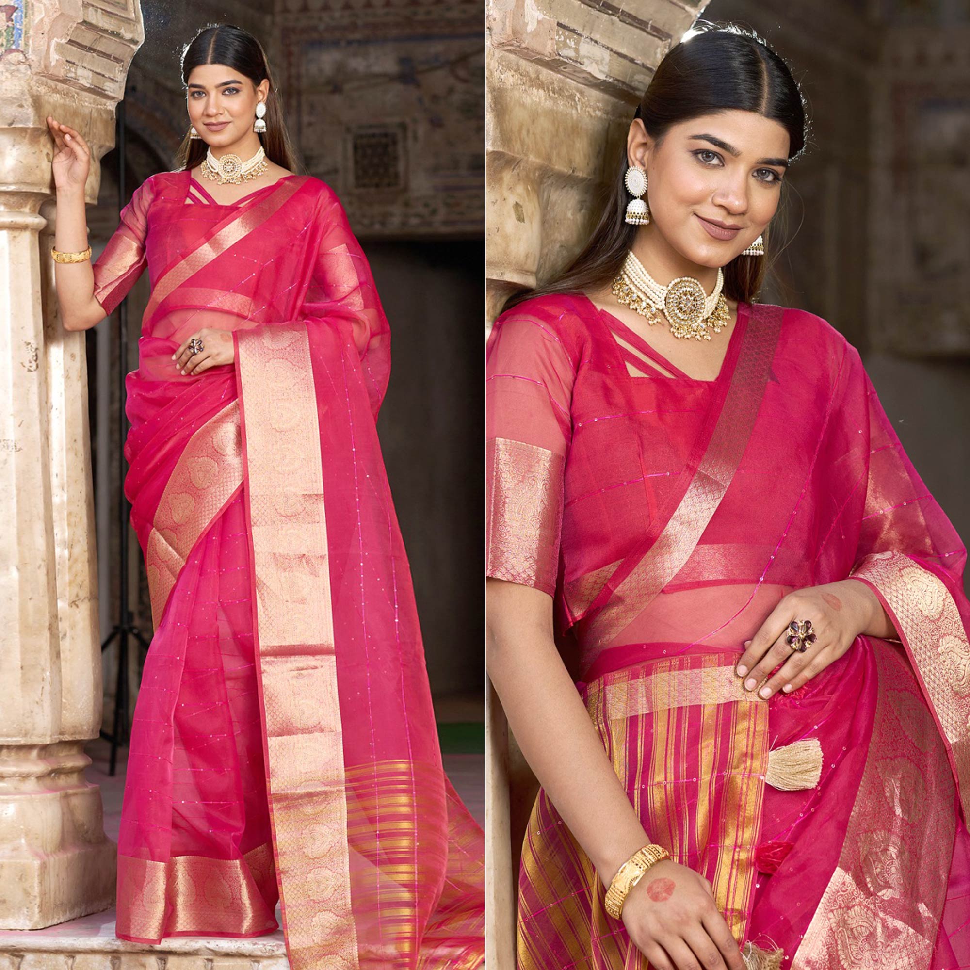Pink Sequins Embroidered Organza Saree With Woven Border