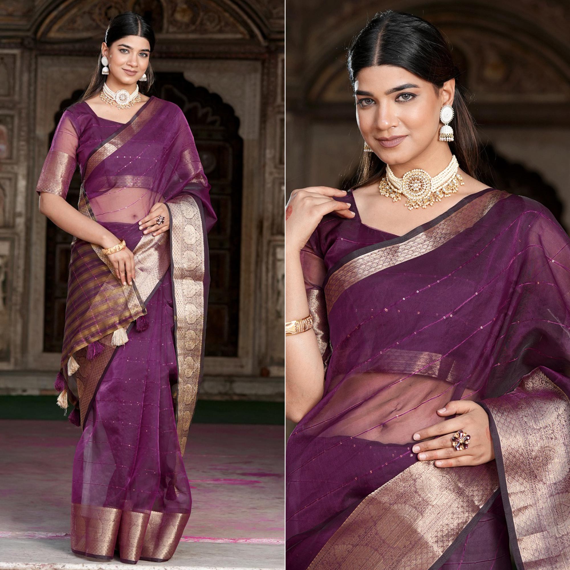 Purple Sequins Embroidered Organza Saree With Woven Border