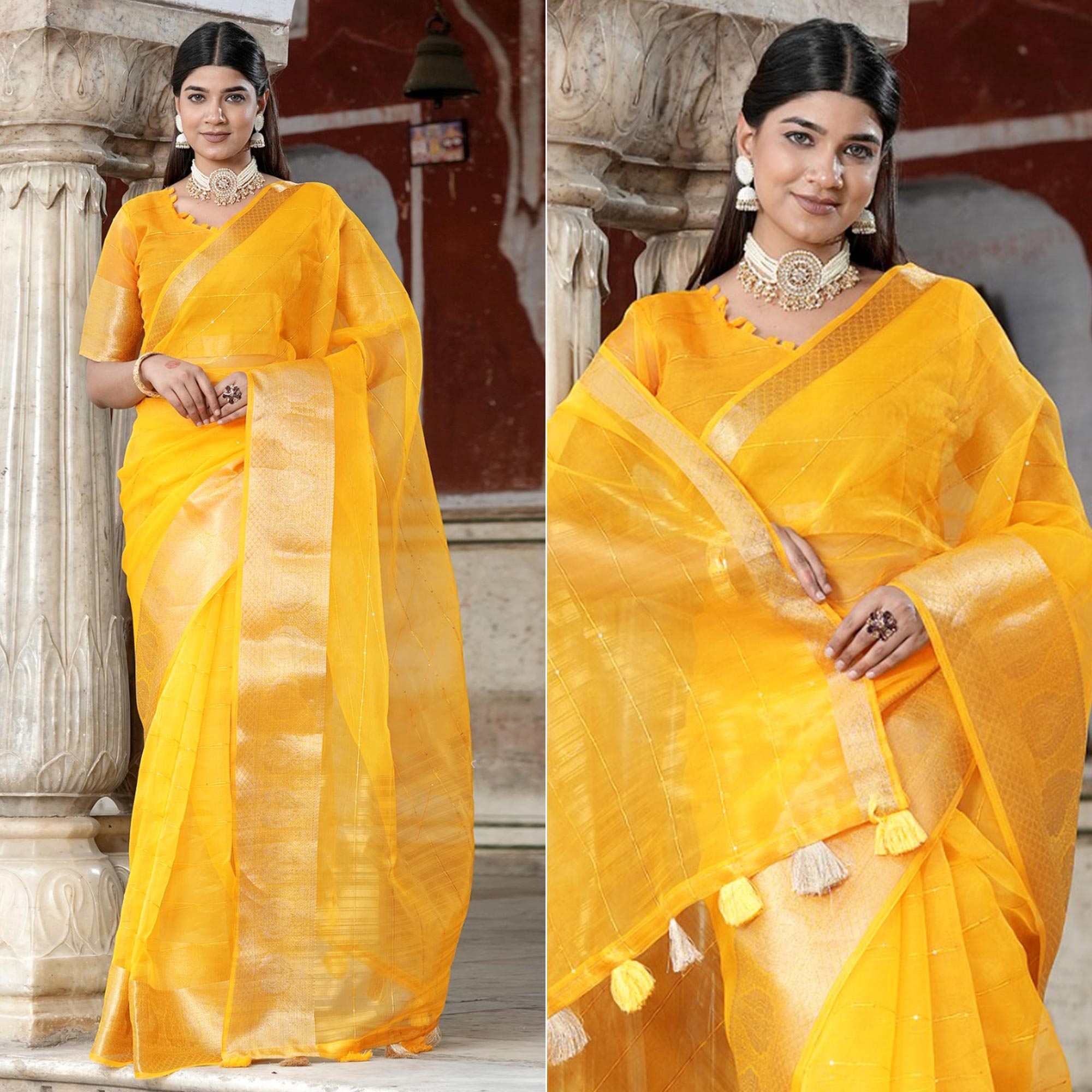 Yellow Sequins Embroidered Organza Saree With Woven Border
