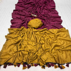 Charming Wine & Mustard Solid Handwoven Pure Mul Cotton Saree With Tassel Pallu