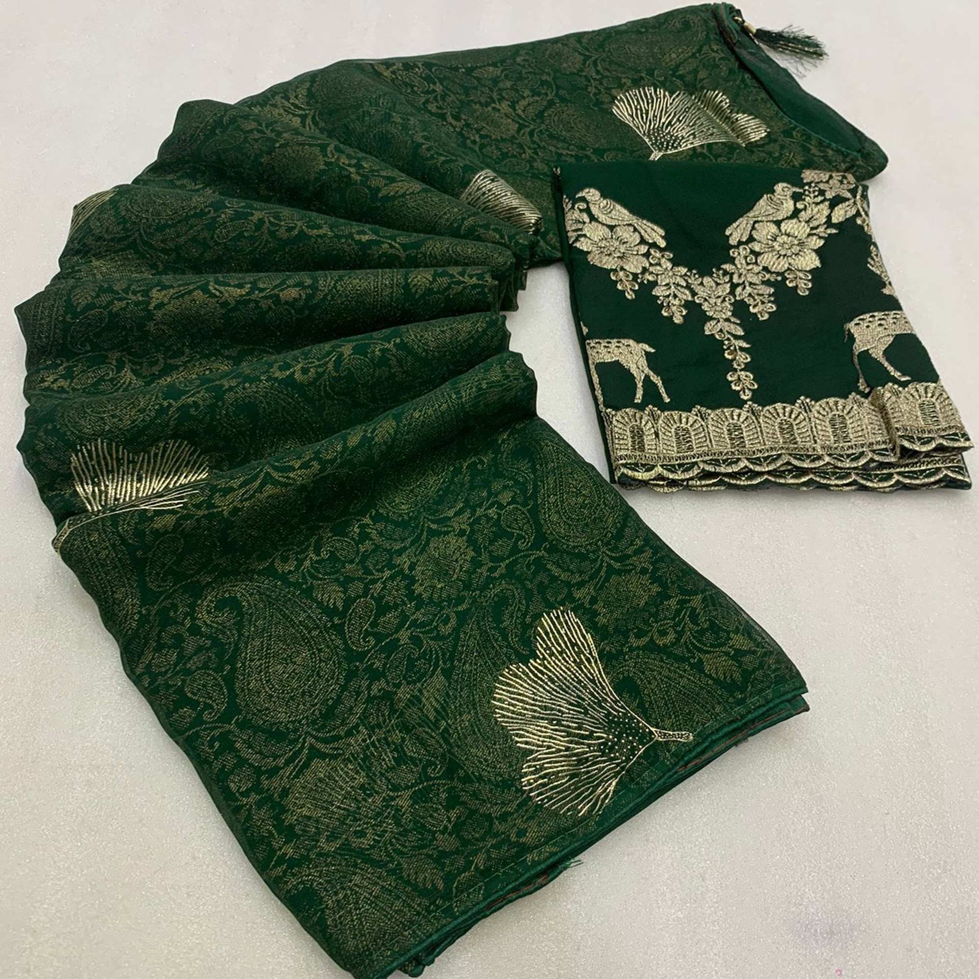 Green Foil Printed Georgette Saree