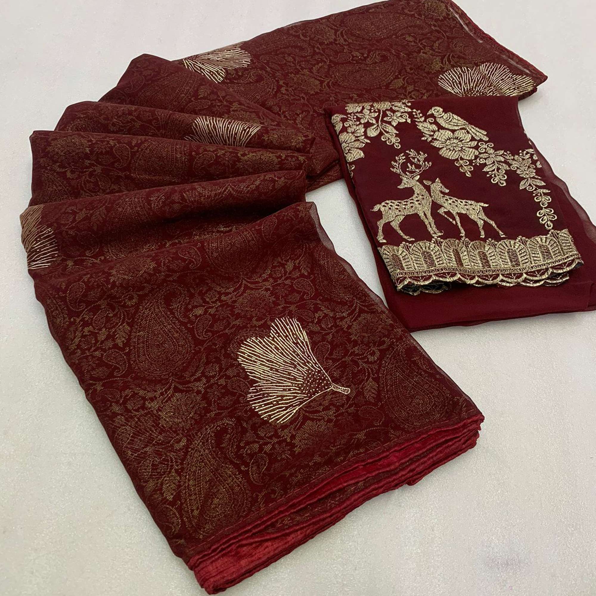 Maroon Foil Printed Georgette Saree