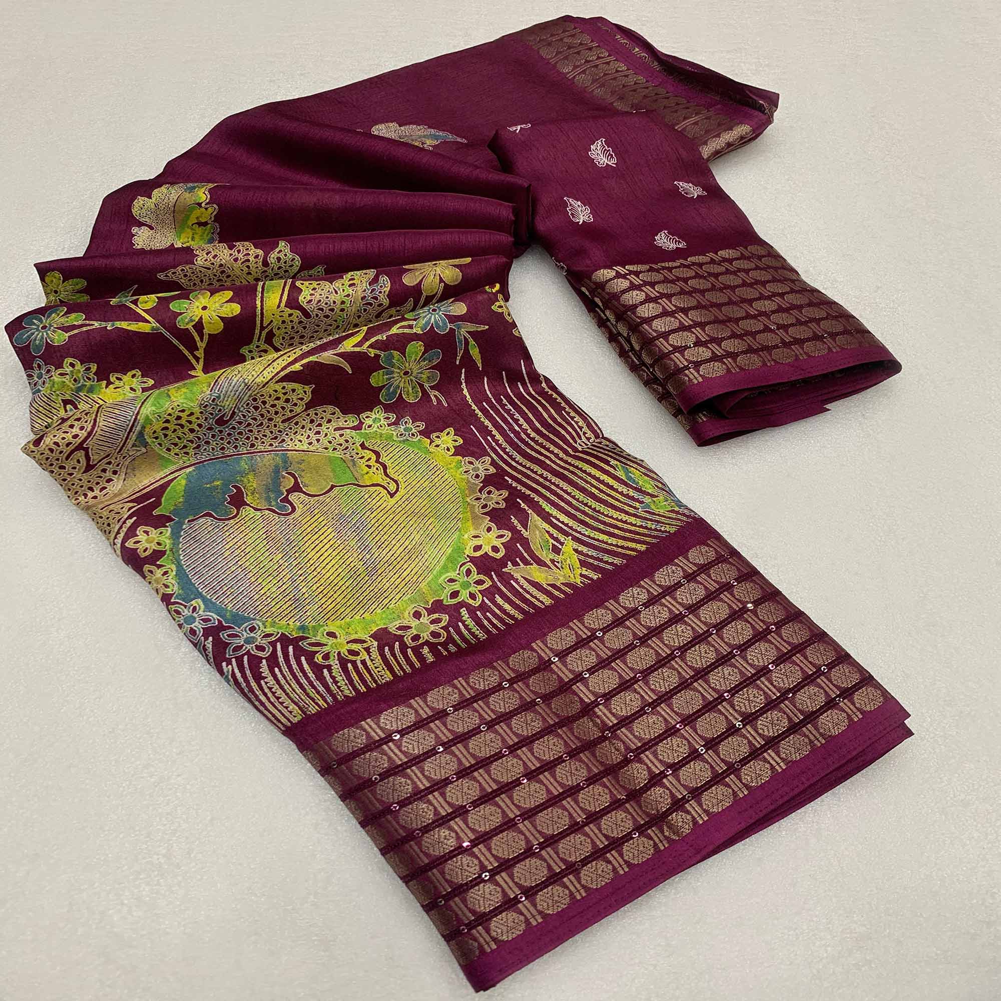 Wine Printed Dola Silk Saree With Sequins Border