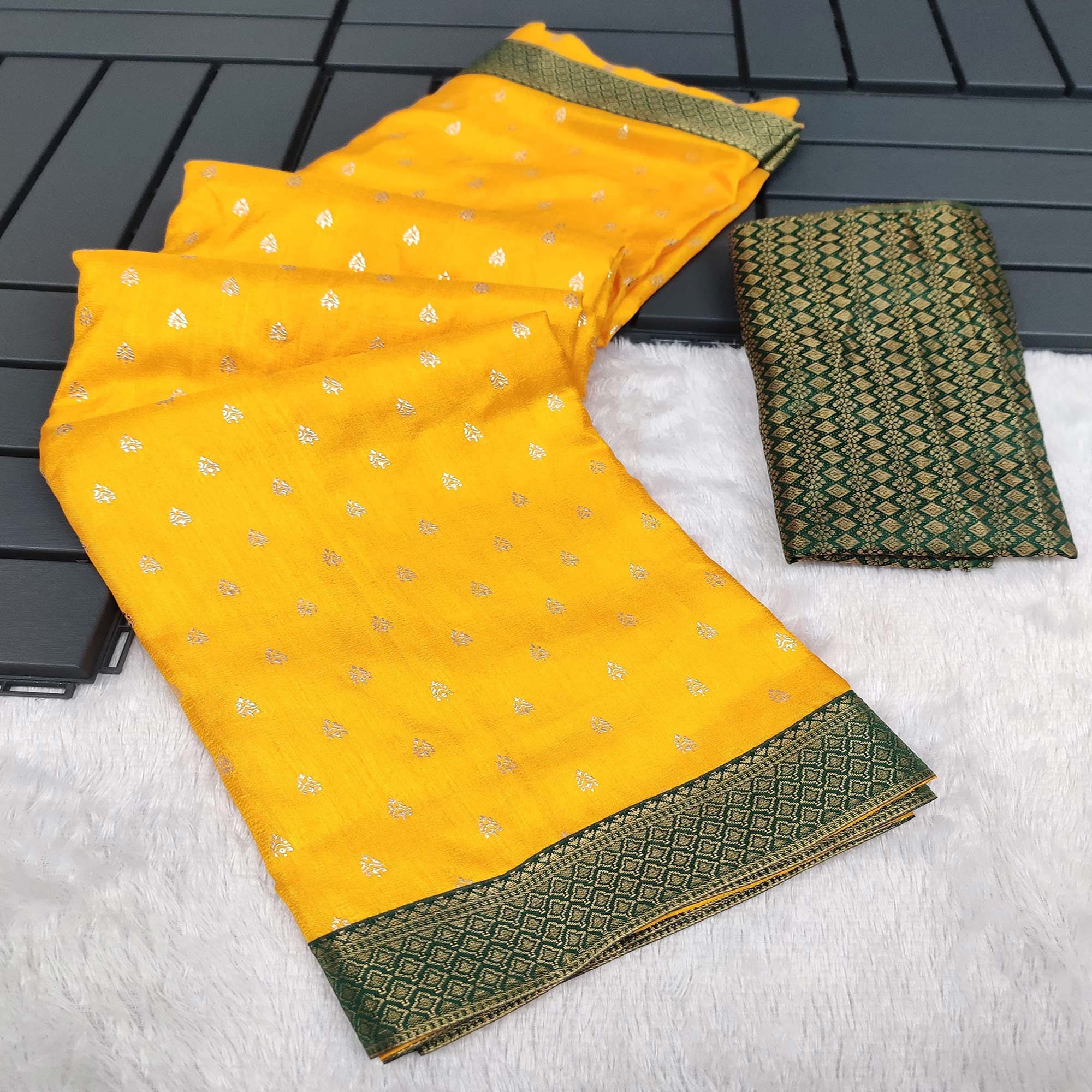 Yellow Foil Printed Vichitra Silk Saree