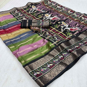 Luxury Multicolor Silk Jacquard Saree Adorned With Striped Zari Weaving and Printed Pallu