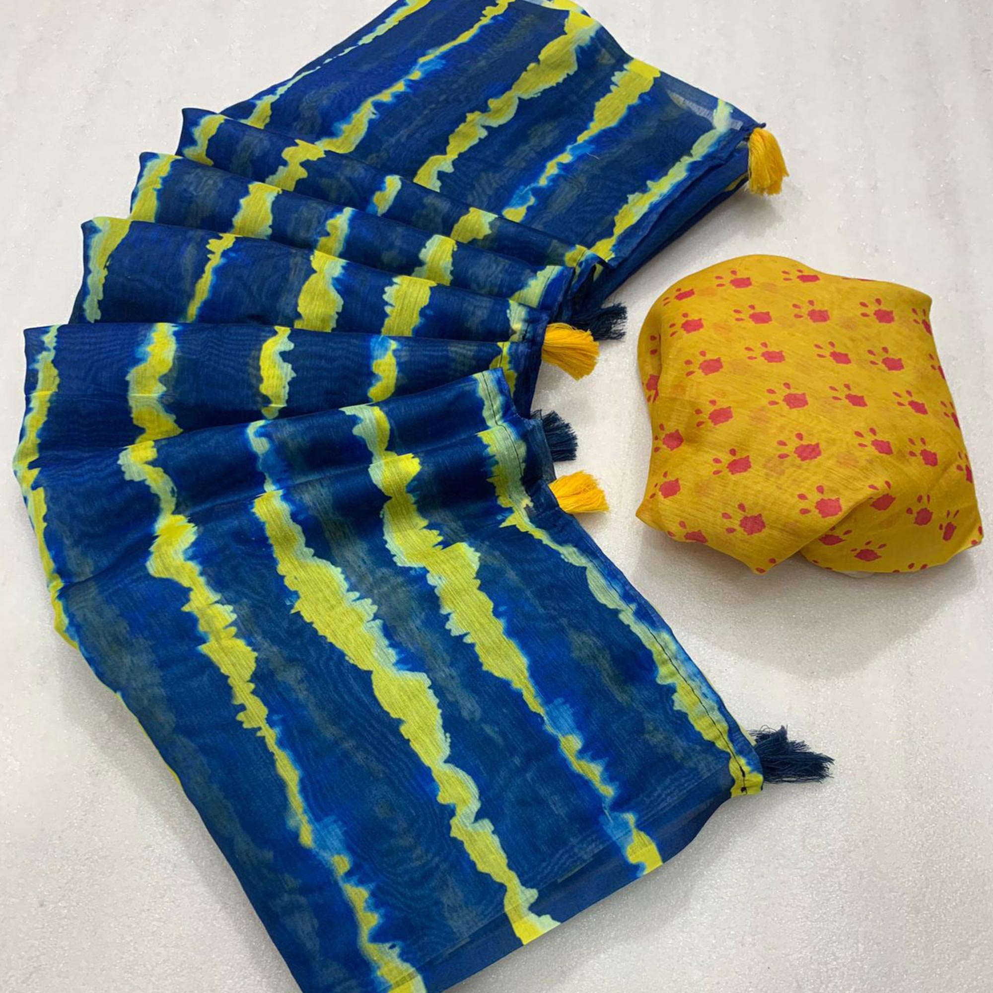 Blue & Yellow Shibori Printed Chanderi Saree