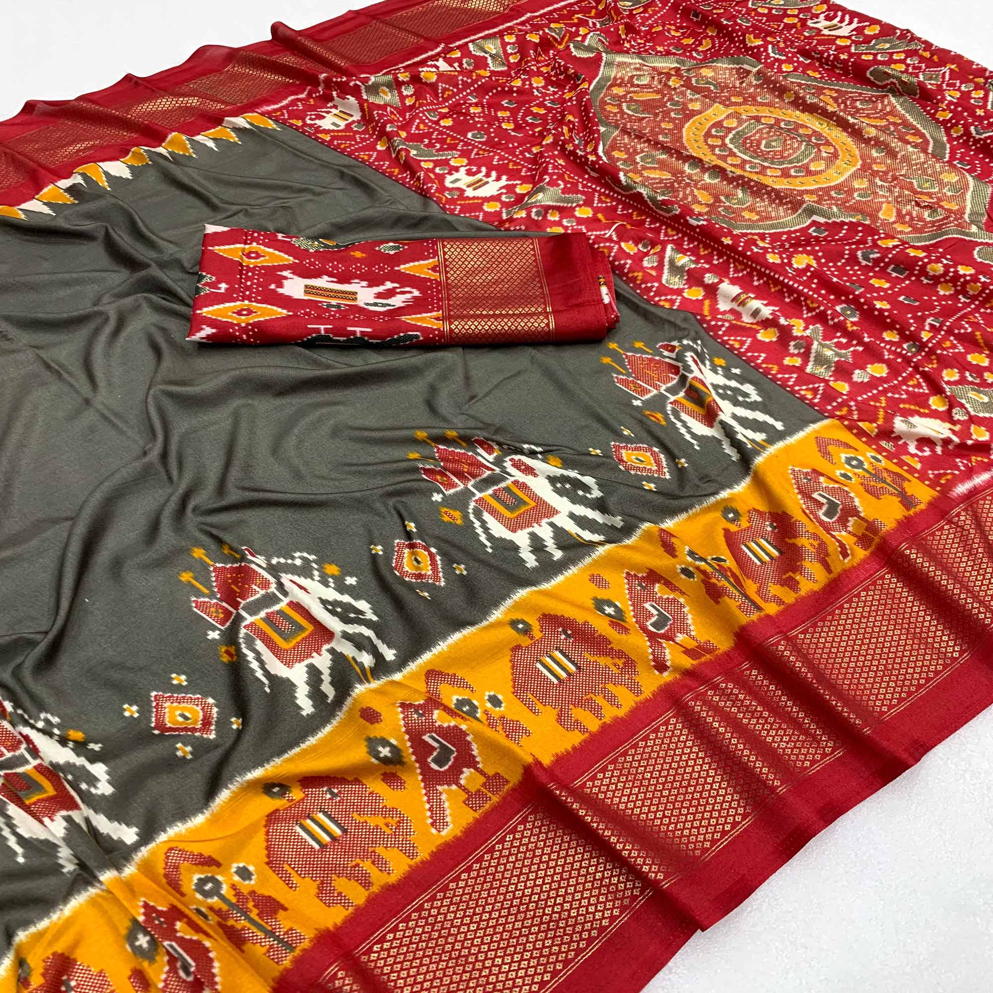 Grey Patola Printed Dola Silk Saree