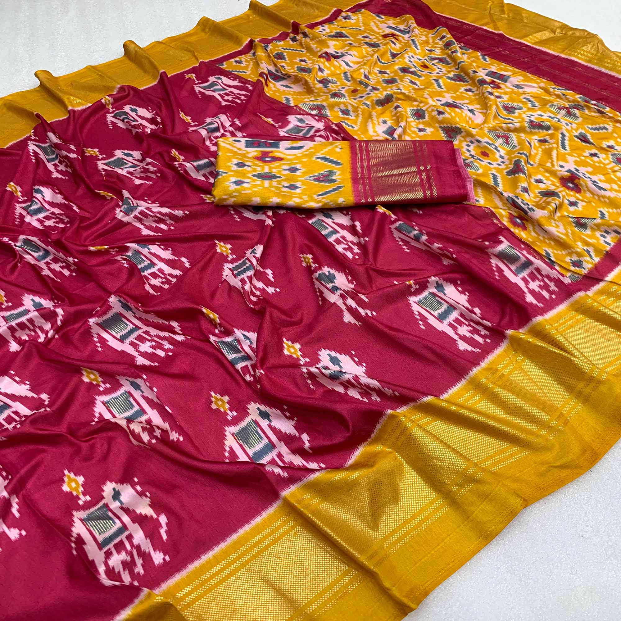 Pink & Yellow Patola Printed Dola Silk Saree