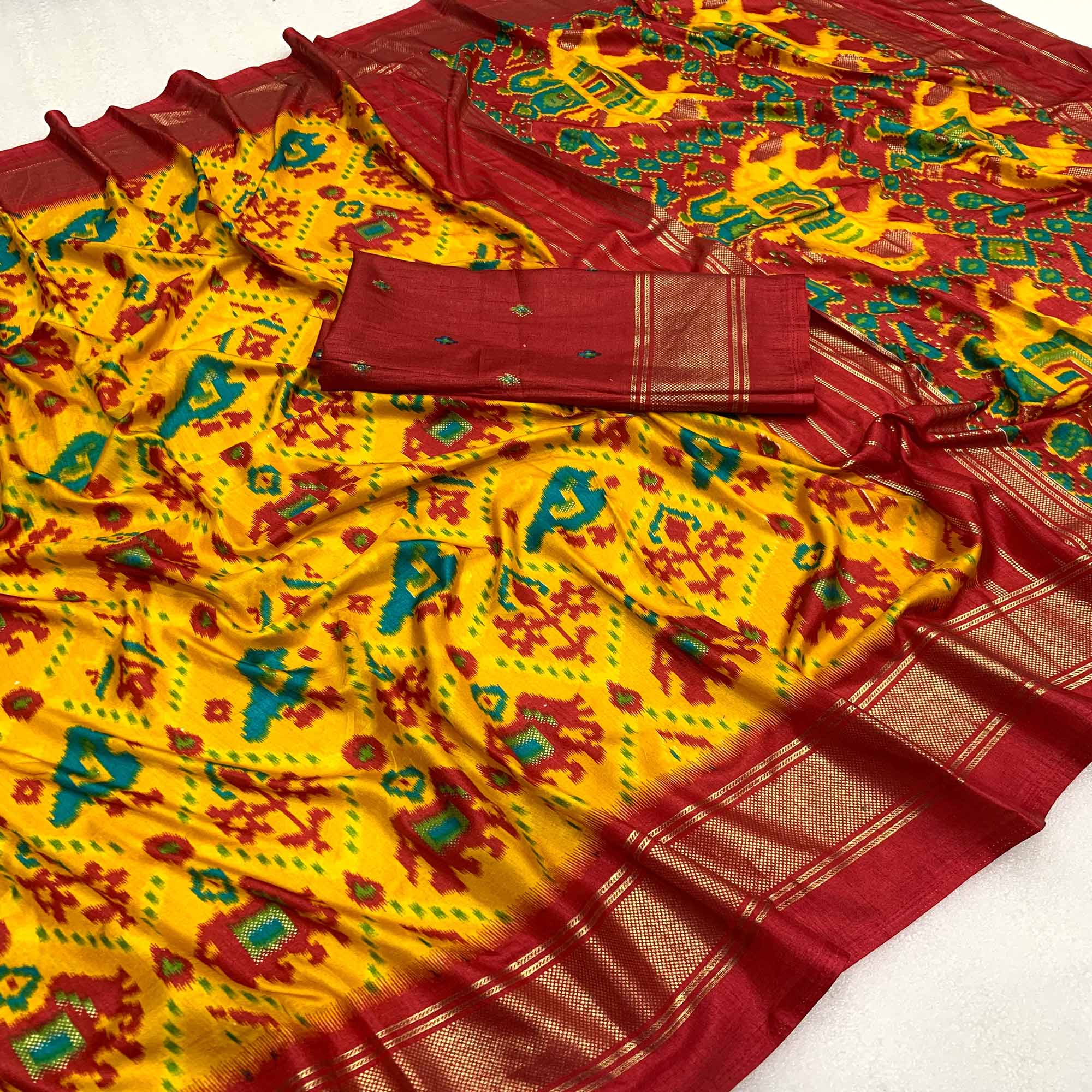 Yellow & Red Patola Printed Dola Silk Saree