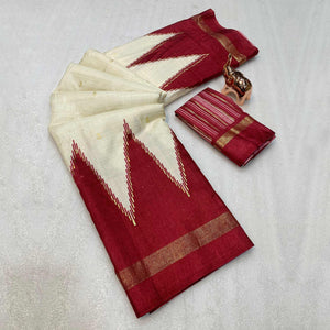 Subtle & Stylish Cream Saree With Ikkat Prints In Luxe Dola Silk For Festive Wear