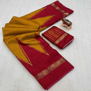 Subtle and Stylish Mustard & Red Saree with Ikkat Prints in Luxe Dola Silk for Festive Wear