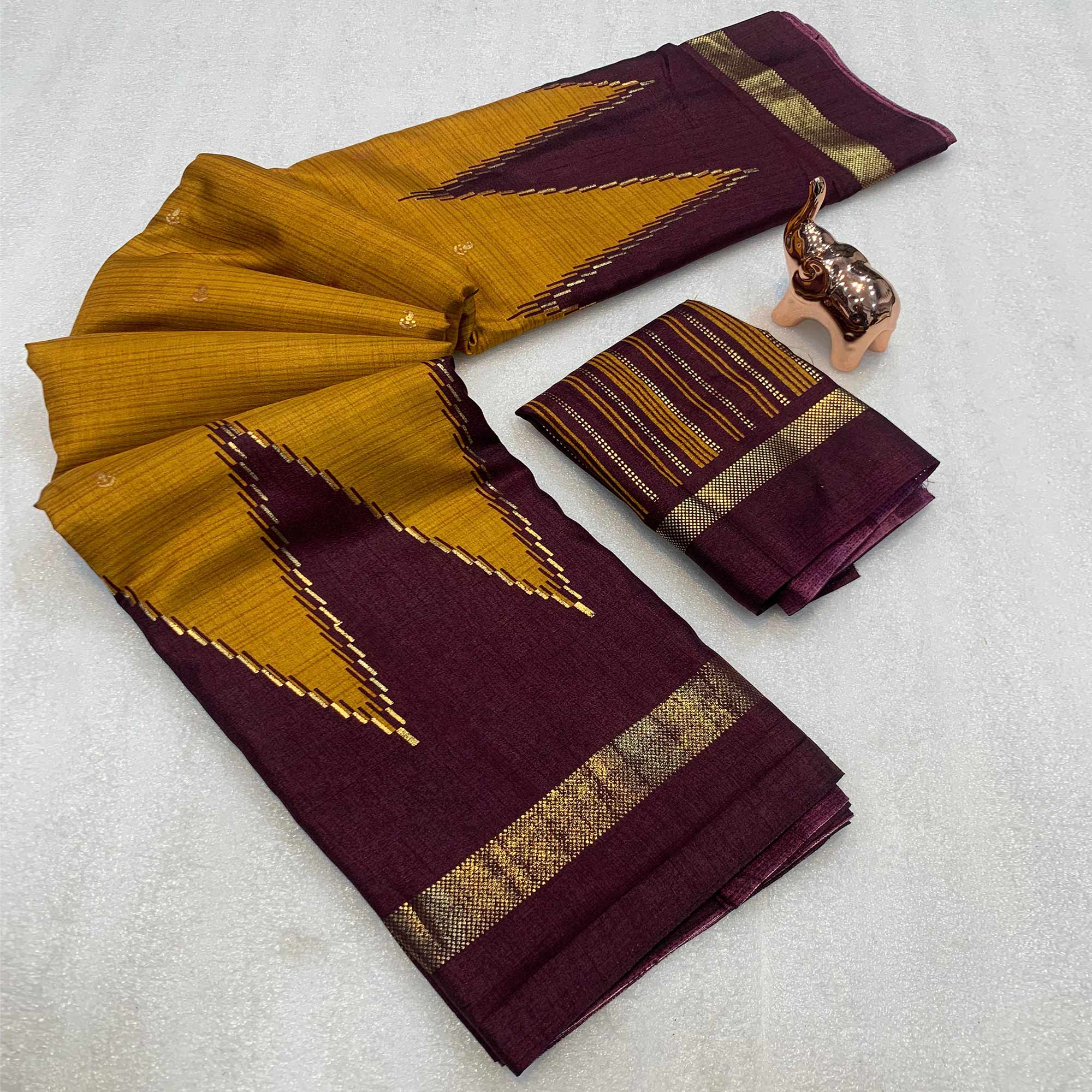 Subtle and Stylish Mustard & Maroon Saree with Ikkat Prints in Luxe Dola Silk for Festive Wear