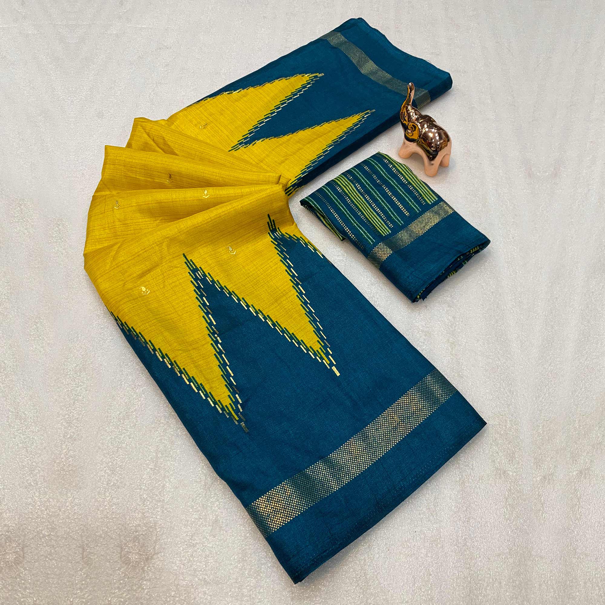 Subtle & Stylish Yellow Saree With Ikkat Prints In Luxe Dola Silk For Festive Wear