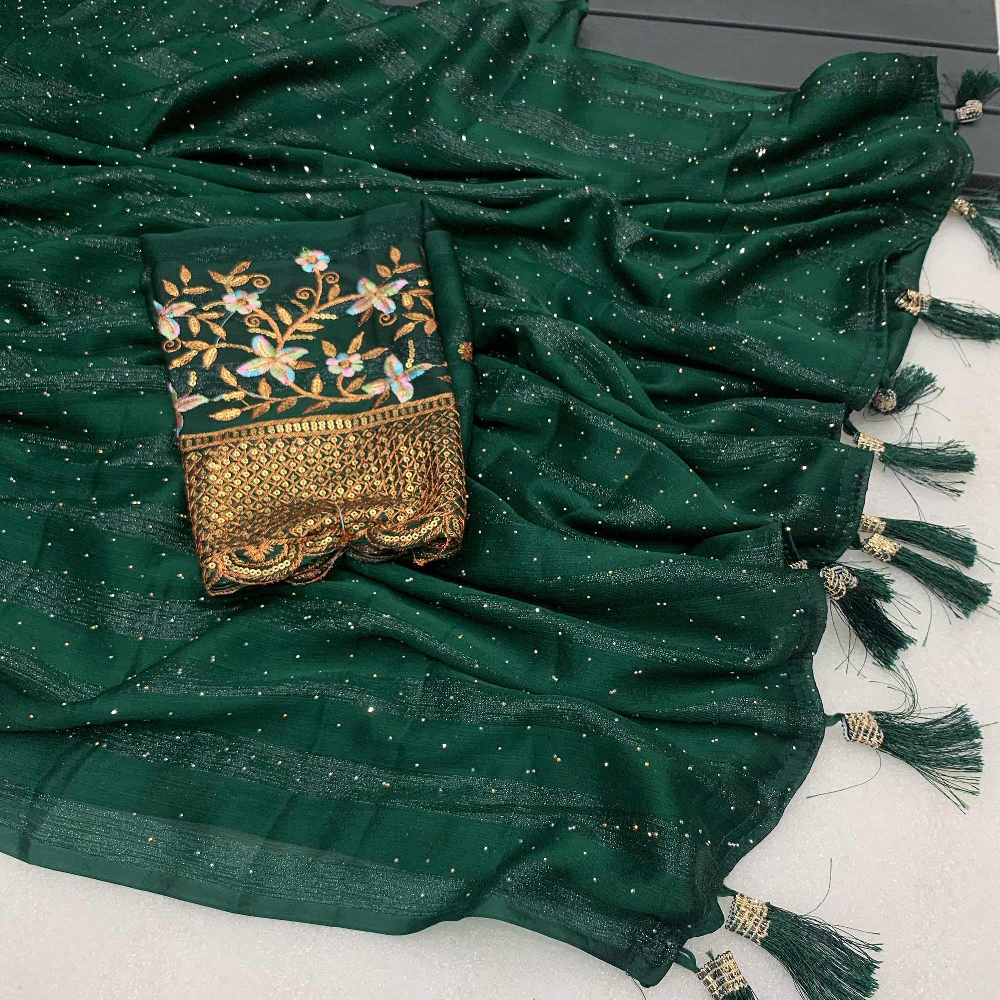 Green Woven Swaroski Work Georgette Saree With Tassels