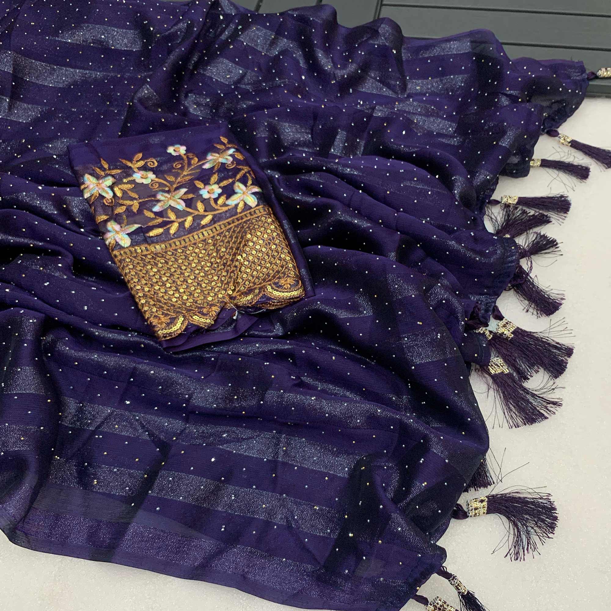 Purple Woven Swaroski Work Georgette Saree With Tassels