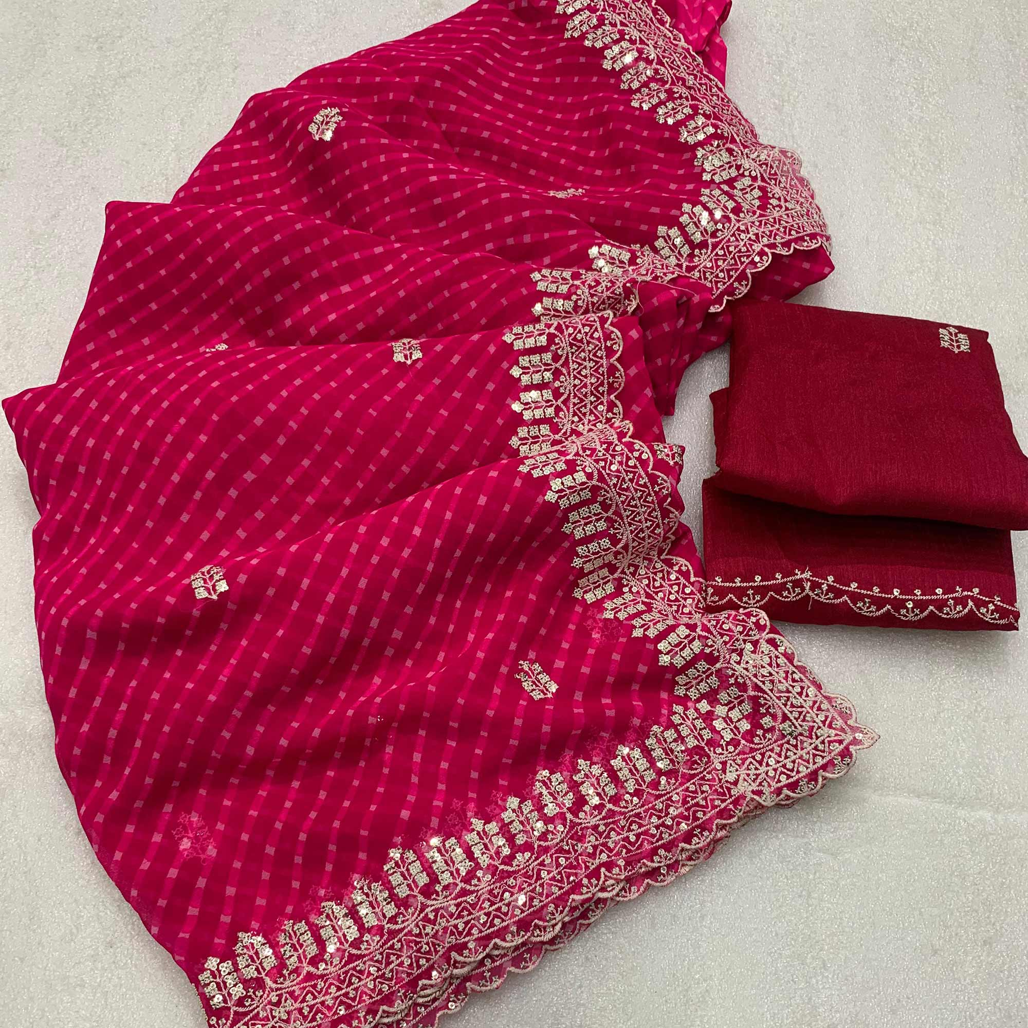 Pink Sequins Work Leheriya Printed Georgette Saree