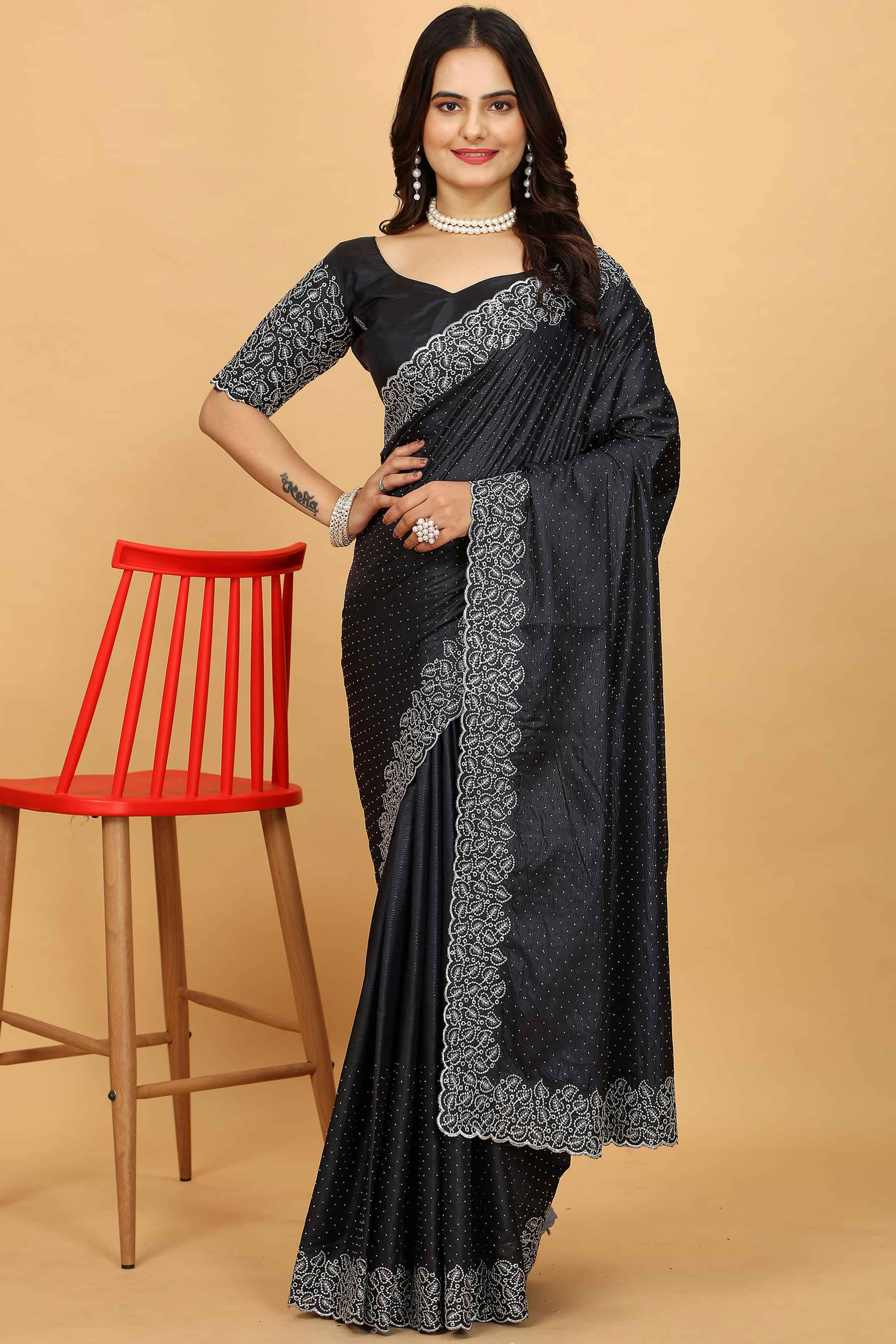 Black Swarovski Work Paper Silk Saree With Embroidery Zari Border