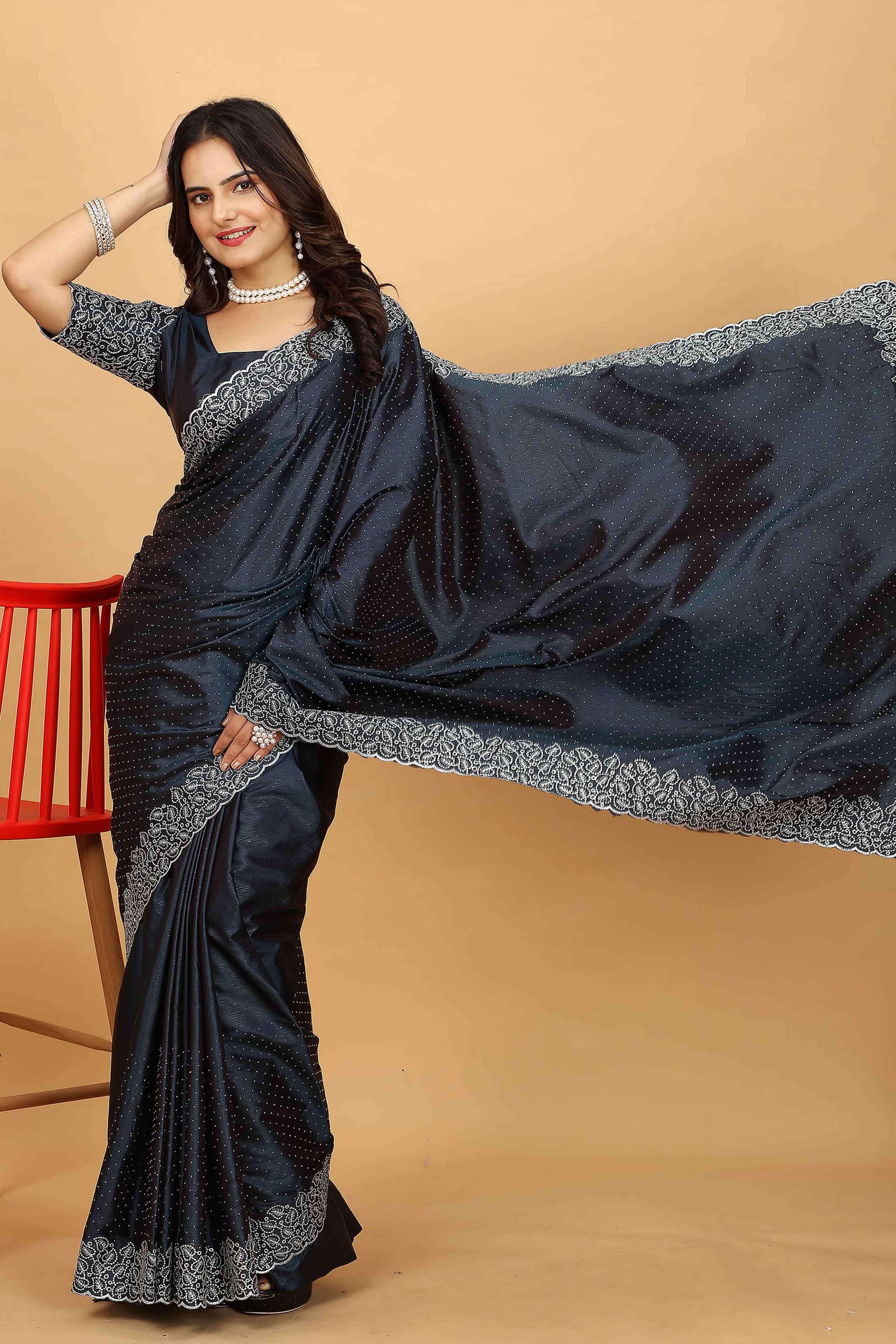 Dark Grey Swarovski Work Paper Silk Saree With Embroidery Zari Border