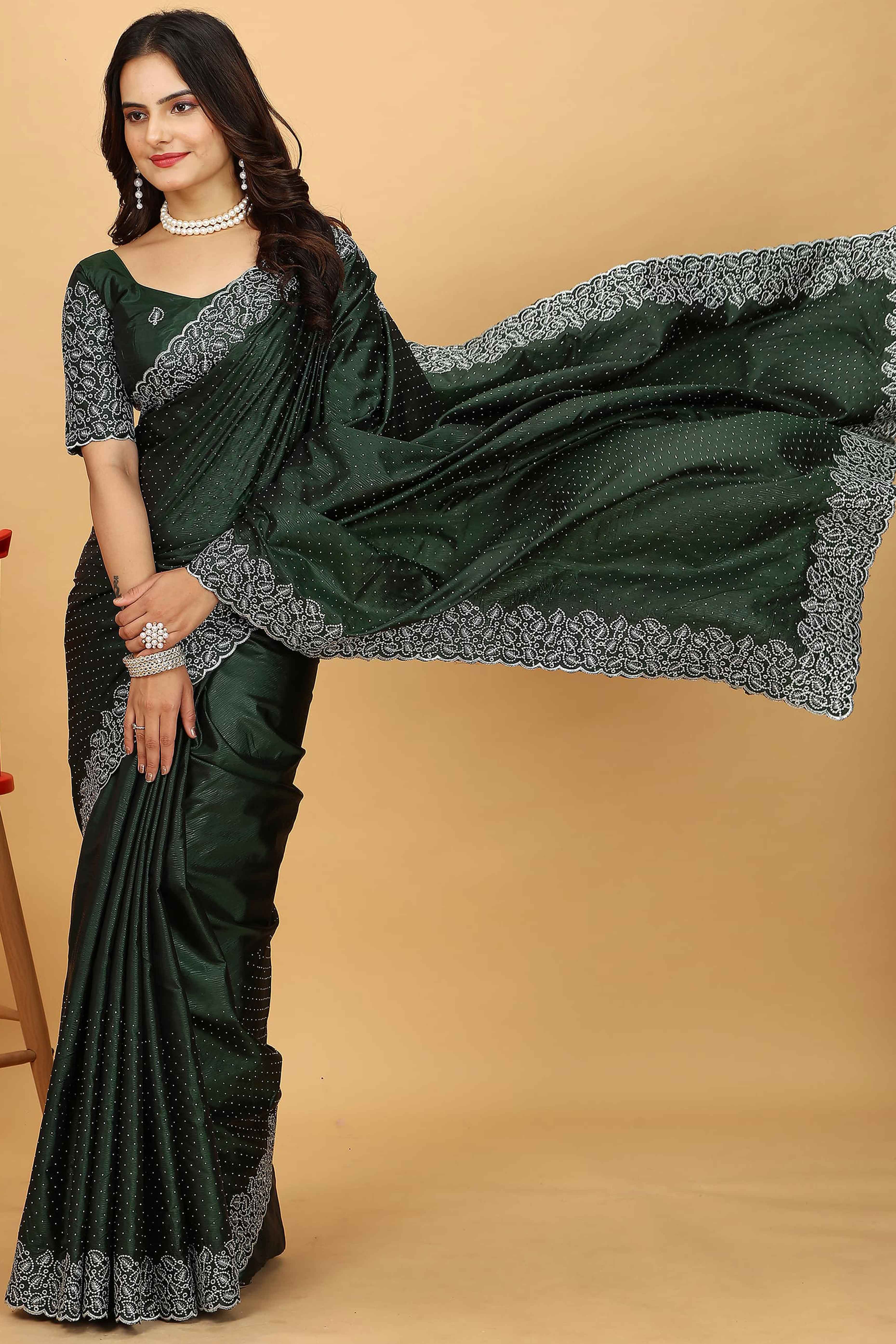 Green Swarovski Work Paper Silk Saree With Embroidery Zari Border