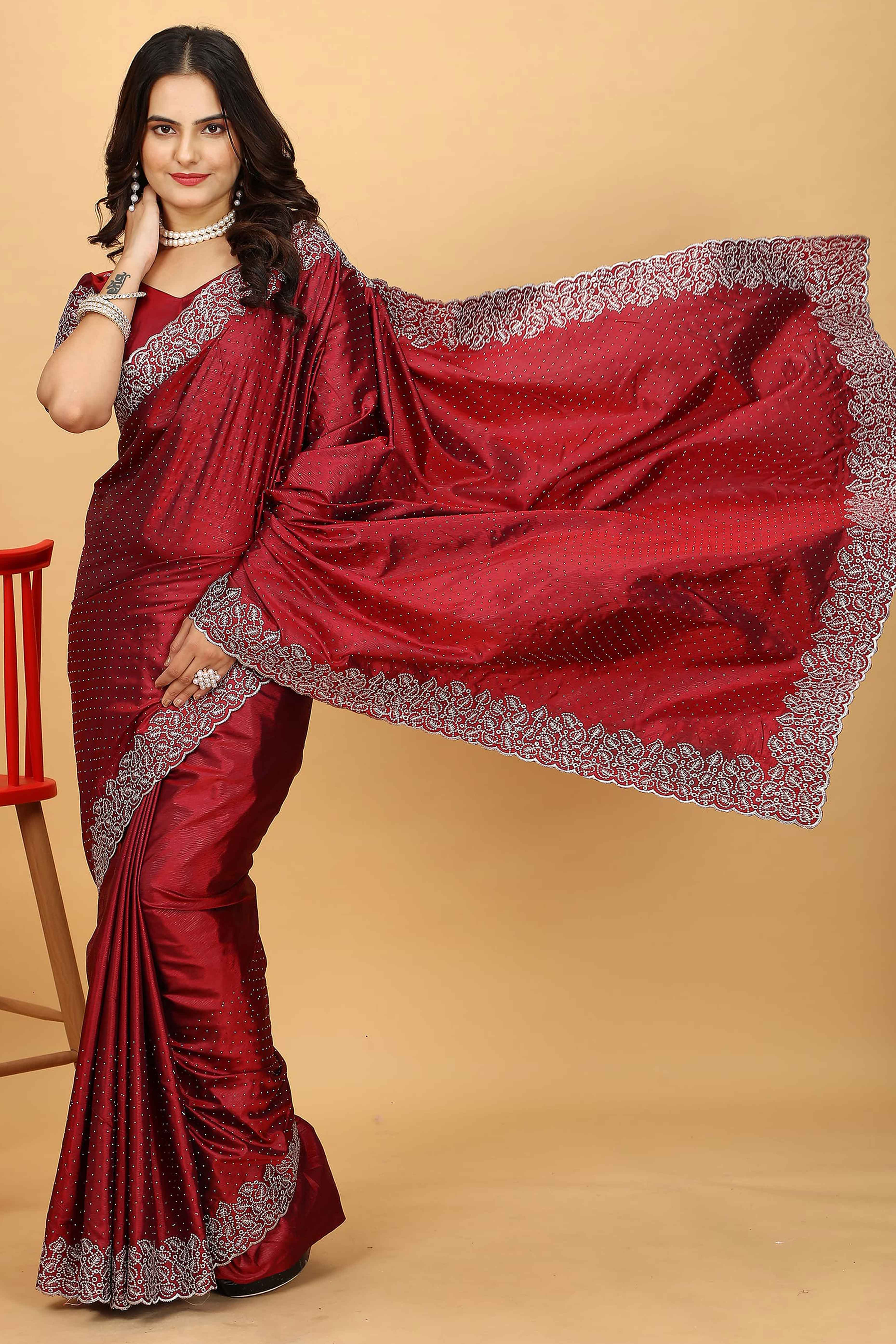 Maroon Swarovski Work Paper Silk Saree With Embroidery Zari Border