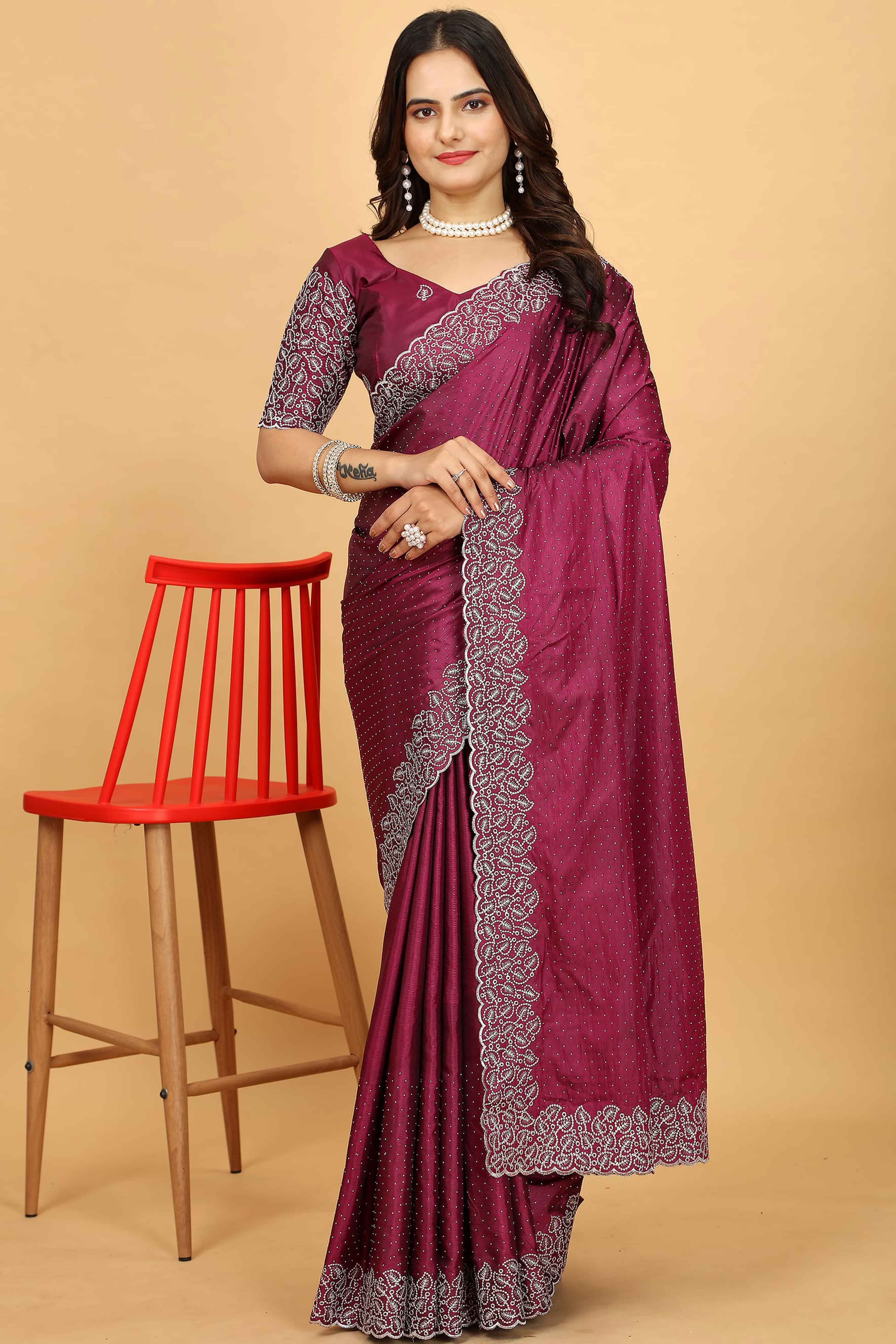 Purple Swarovski Work Paper Silk Saree With Embroidery Zari Border