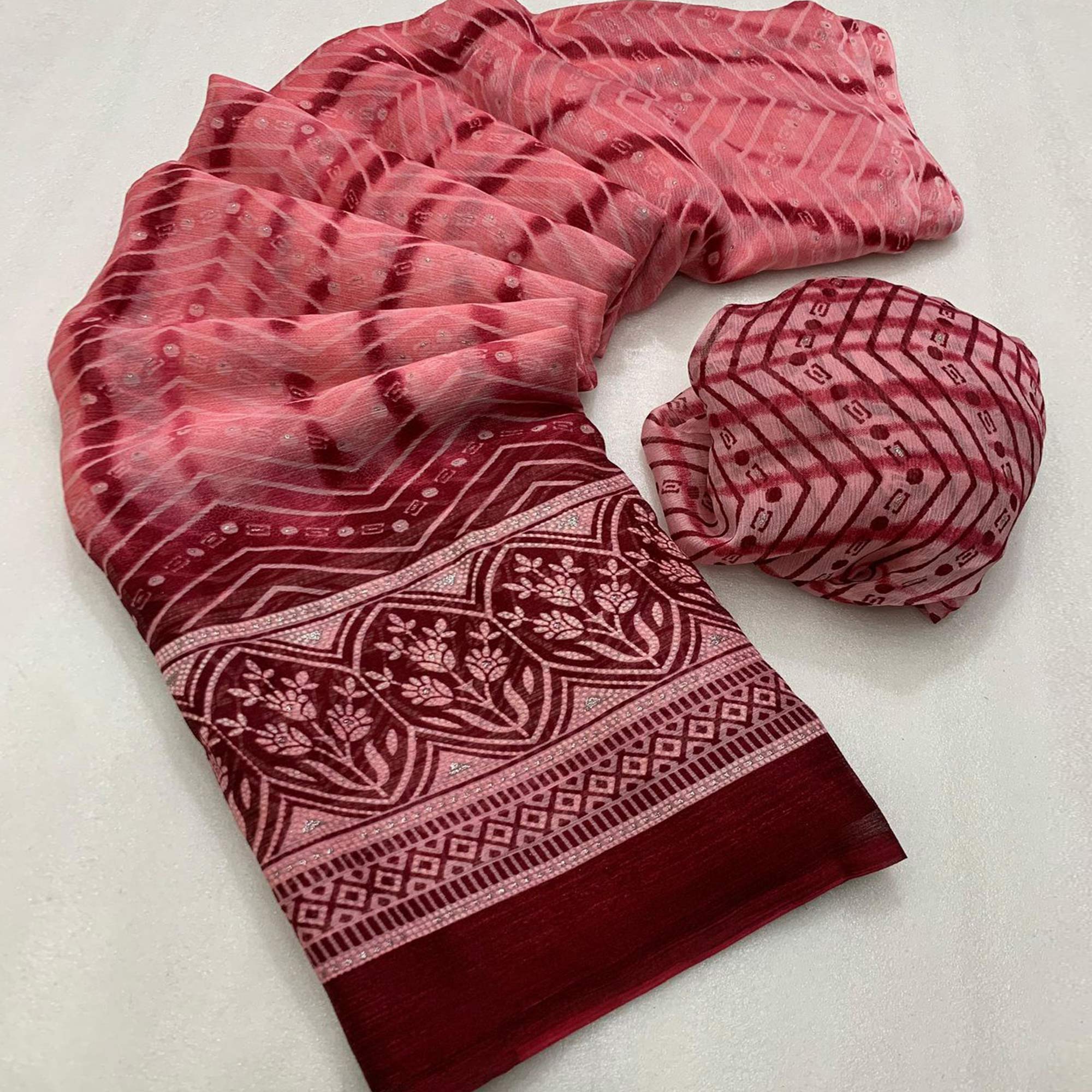 Gajari Pink Shibori Foil Printed Chiffon Saree