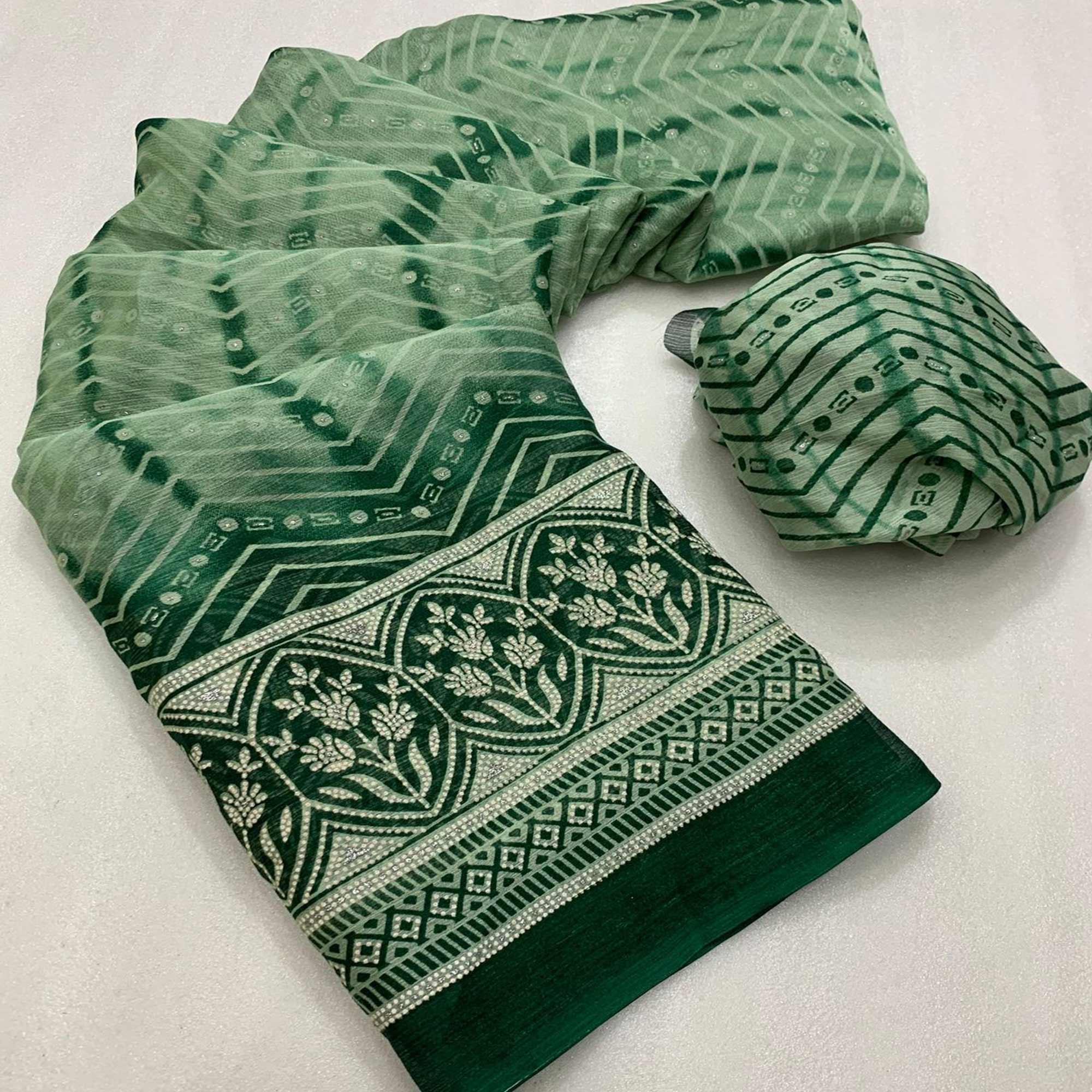 Green Shibori Foil Printed Chiffon Saree