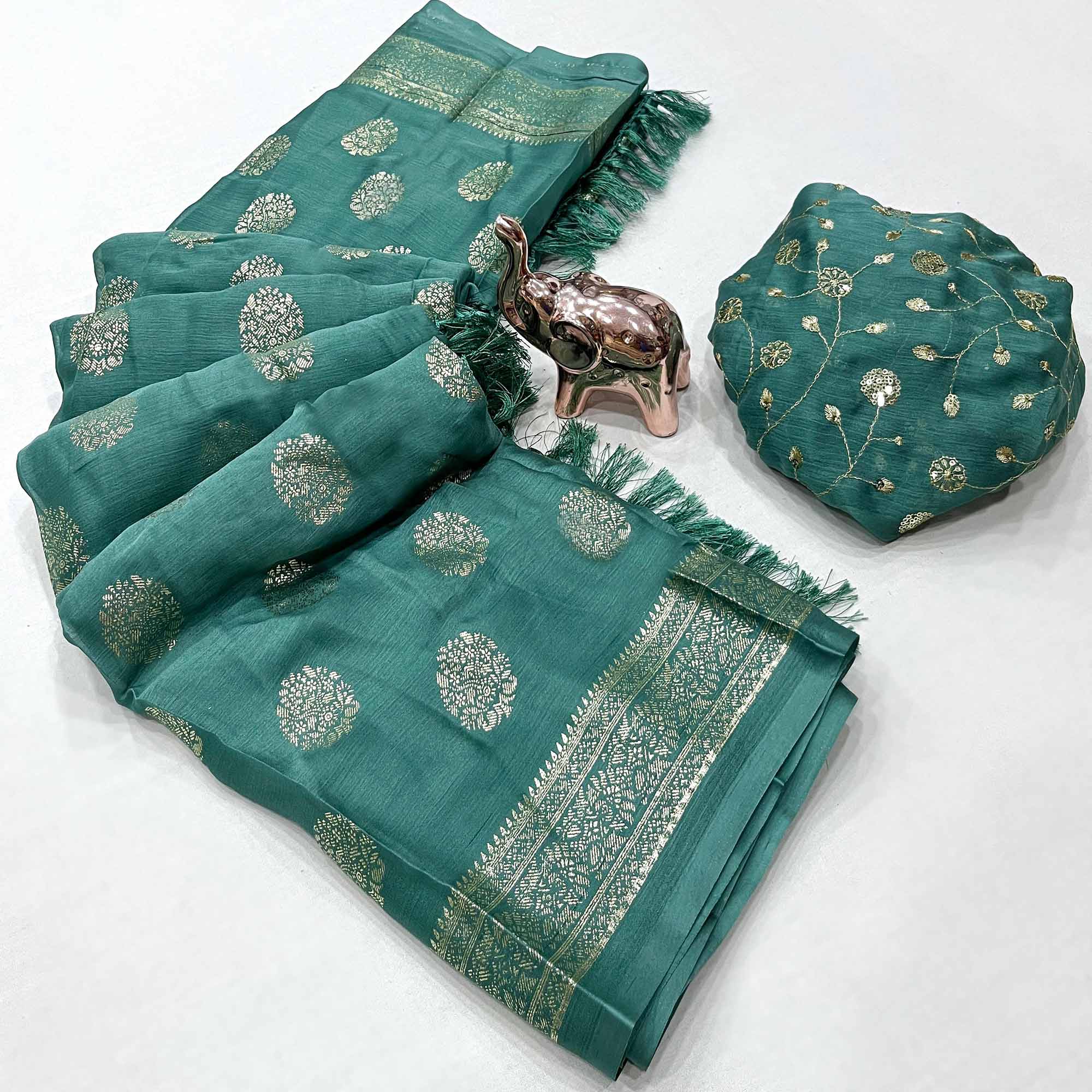Elegant Dusty Teal Foil Floral Printed Georgette Saree With Tassel Detailing Pallu