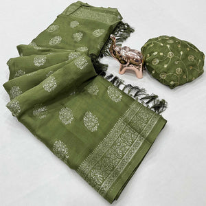 Elegant Green Foil Floral Printed Georgette Saree With Tassel Detailing Pallu