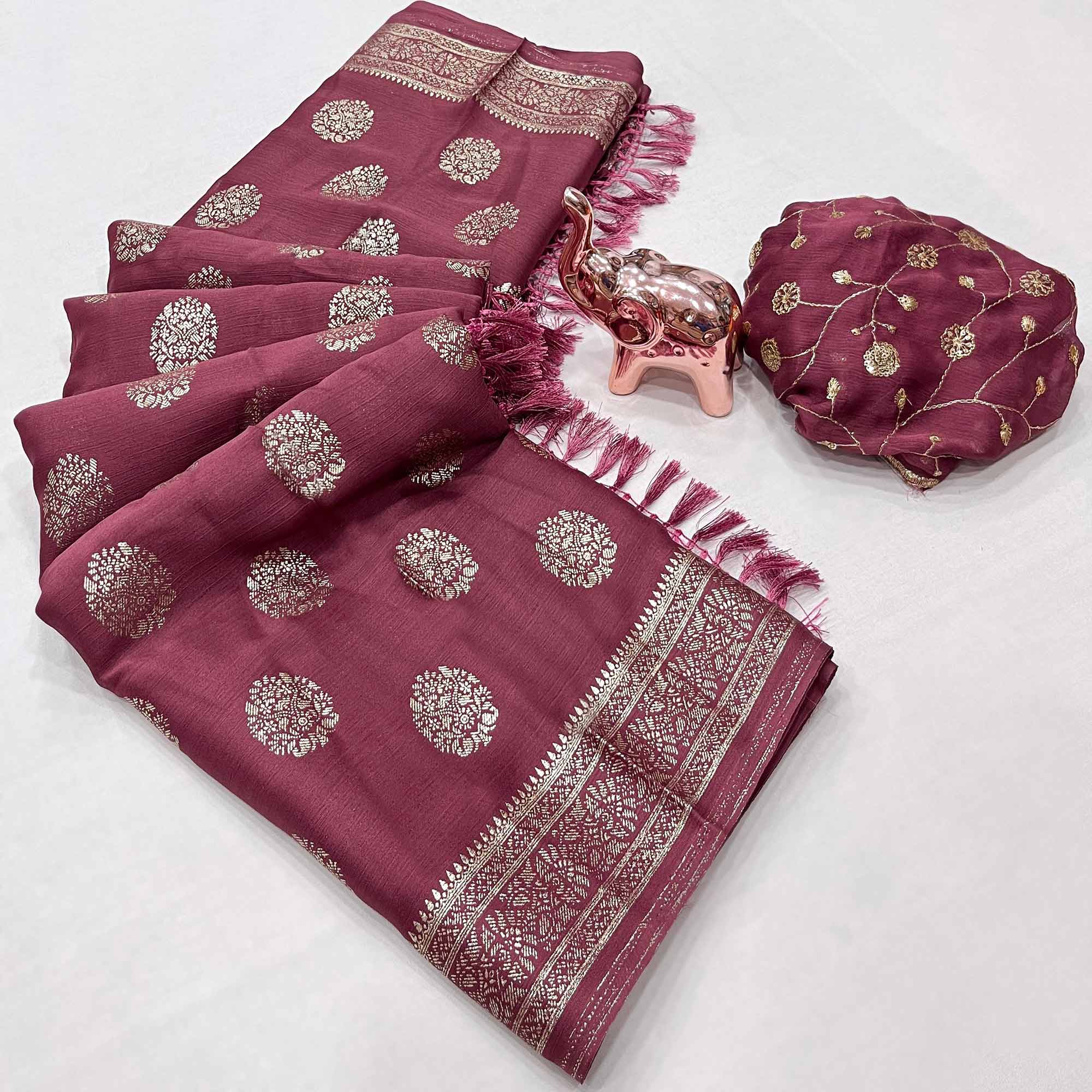 Elegant Mauve Foil Floral Printed Georgette Saree With Tassel Detailing Pallu