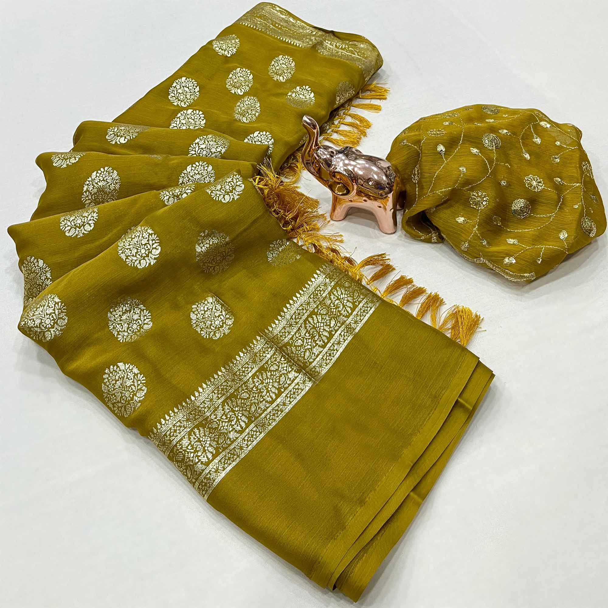 Elegant Mustard Foil Floral Printed Georgette Saree With Tassel Detailing Pallu