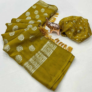 Elegant Mustard Foil Floral Printed Georgette Saree With Tassel Detailing Pallu