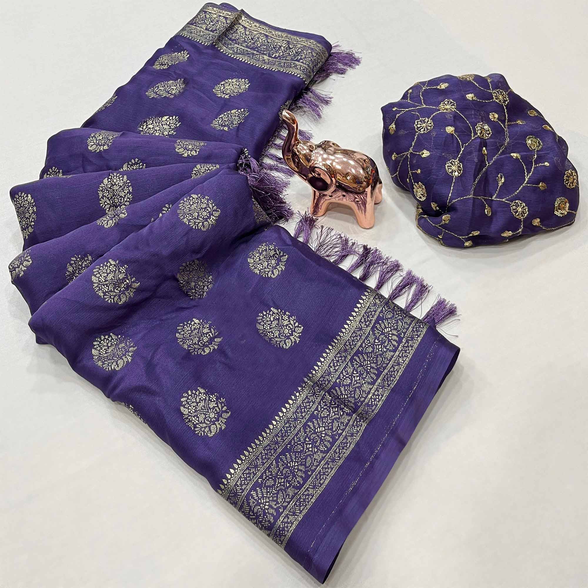 Elegant Purple Foil Floral Printed Georgette Saree With Tassel Detailing Pallu