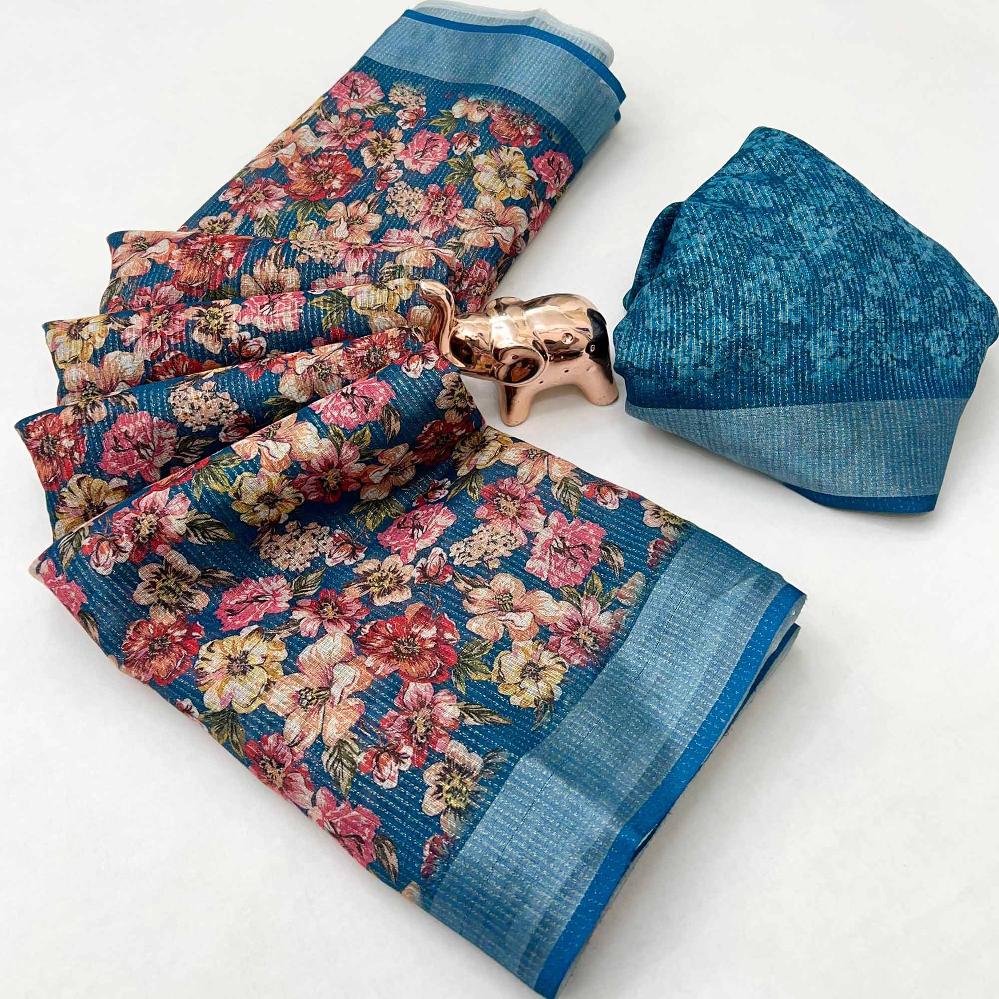 Pretty Blue Shimmer Cotton Saree With Floral Digital Print & Designer Zari Border