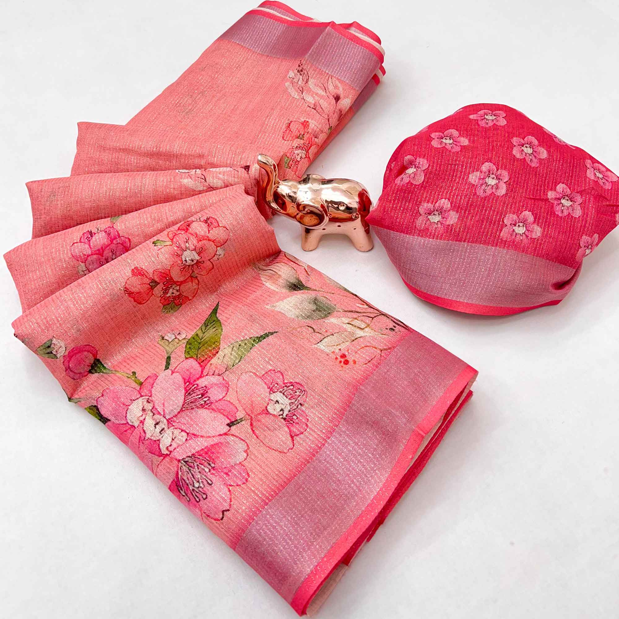 Pretty Blush Pink Shimmer Cotton Saree With Floral Digital Print & Designer Zari Border