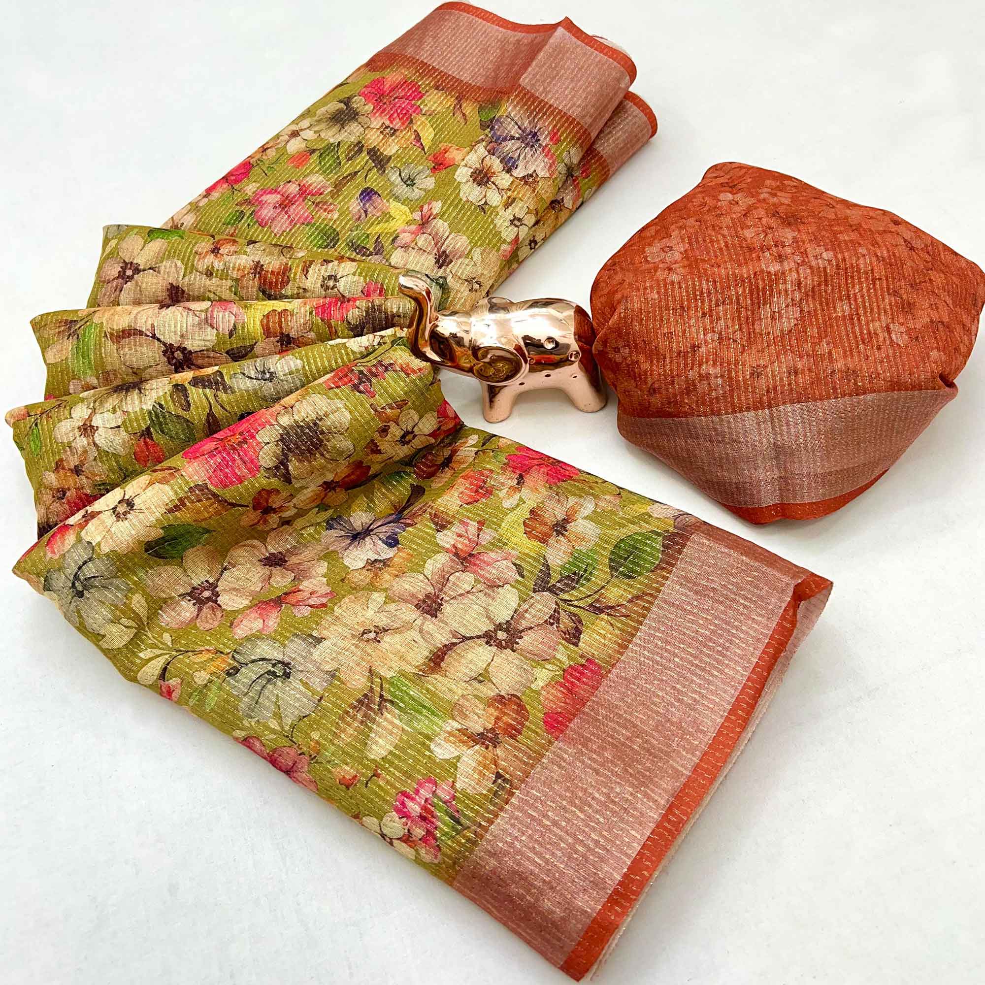 Pretty Olive Shimmer Cotton Saree With Floral Digital Print & Designer Zari Border