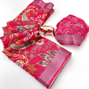 Pretty Rani Pink Shimmer Cotton Saree With Floral Digital Print & Designer Zari Border