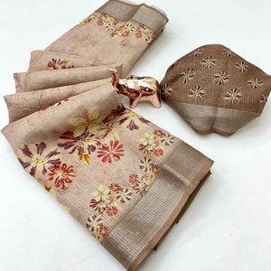 Pretty Sandy Beige Shimmer Cotton Saree With Floral Digital Print & Designer Zari Border