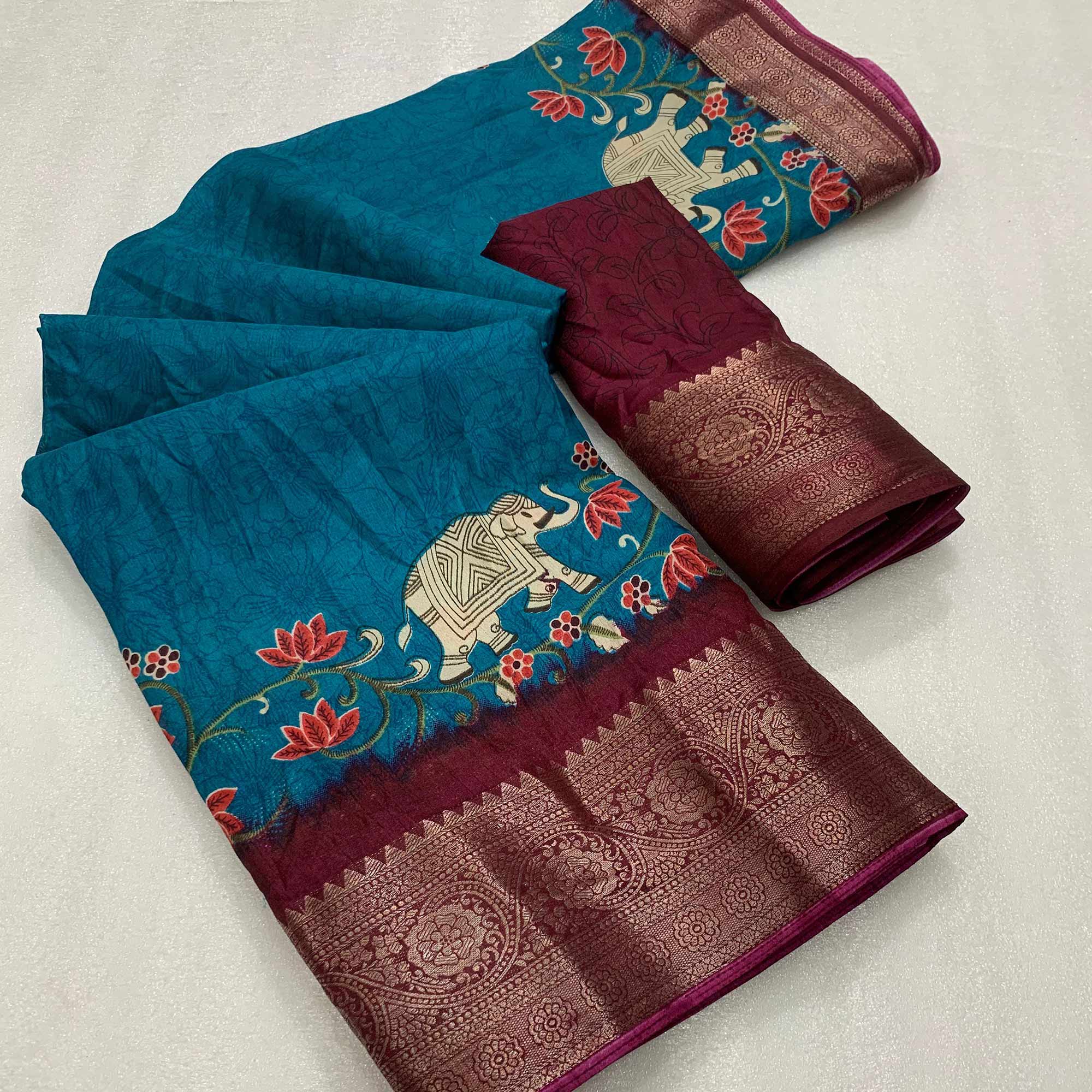 Blue Printed Dola Silk Saree