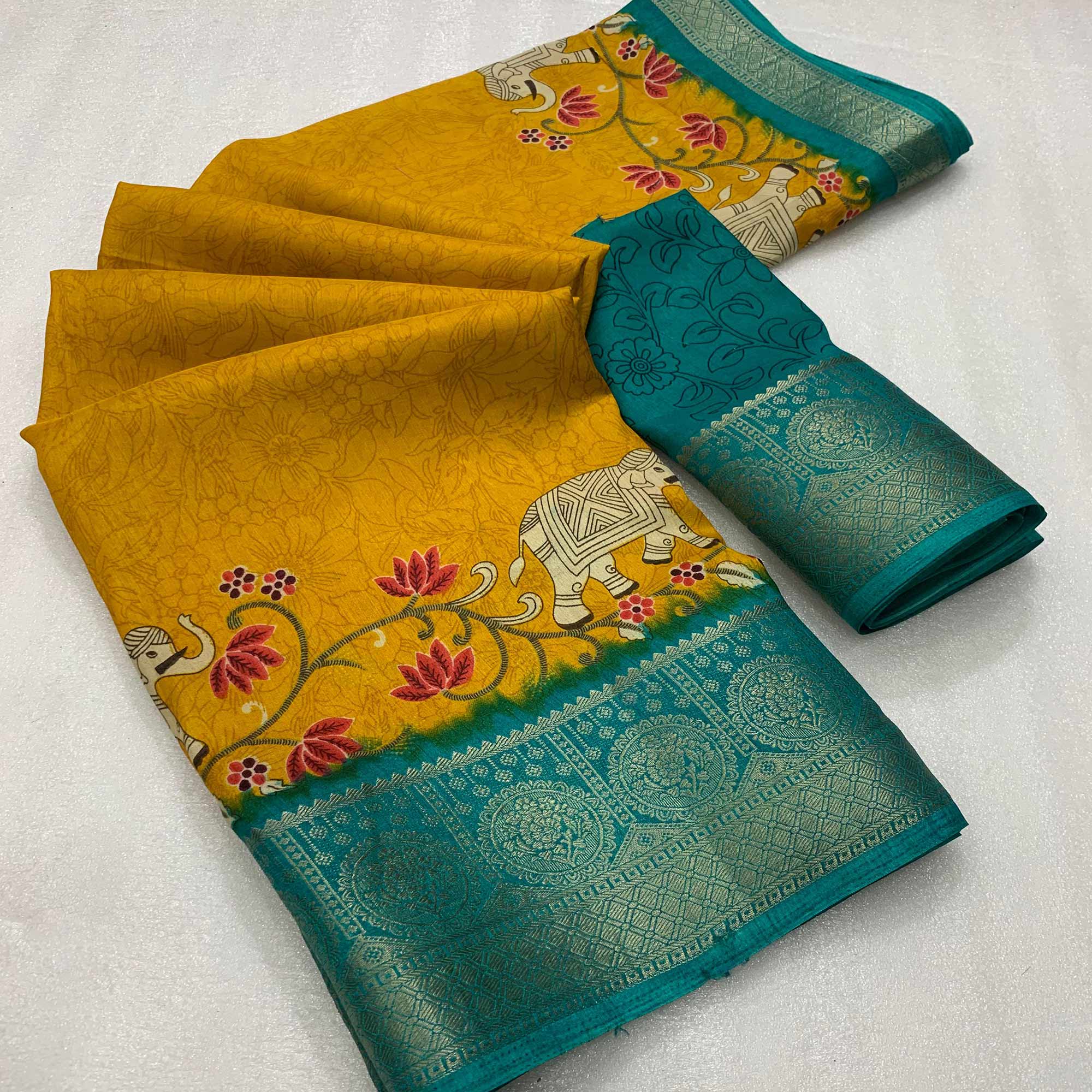 Mustard Printed Dola Silk Saree