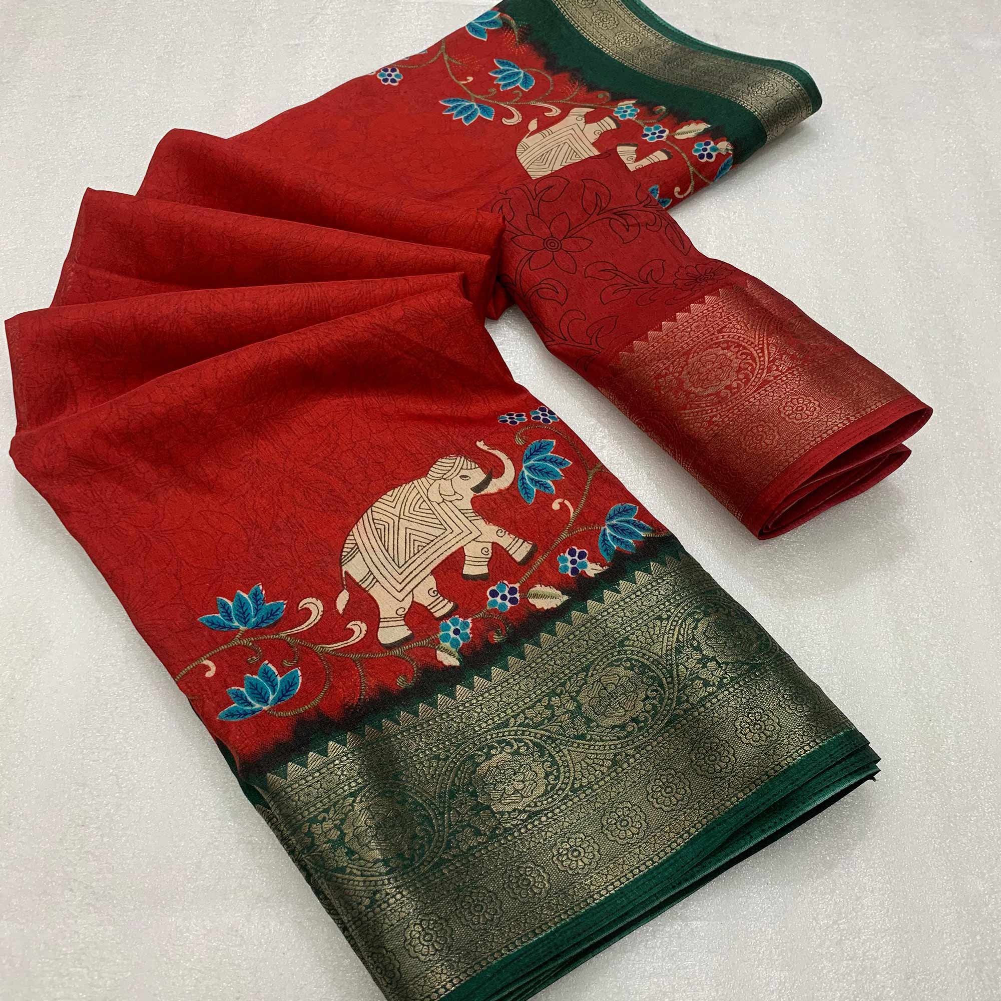 Red Printed Dola Silk Saree