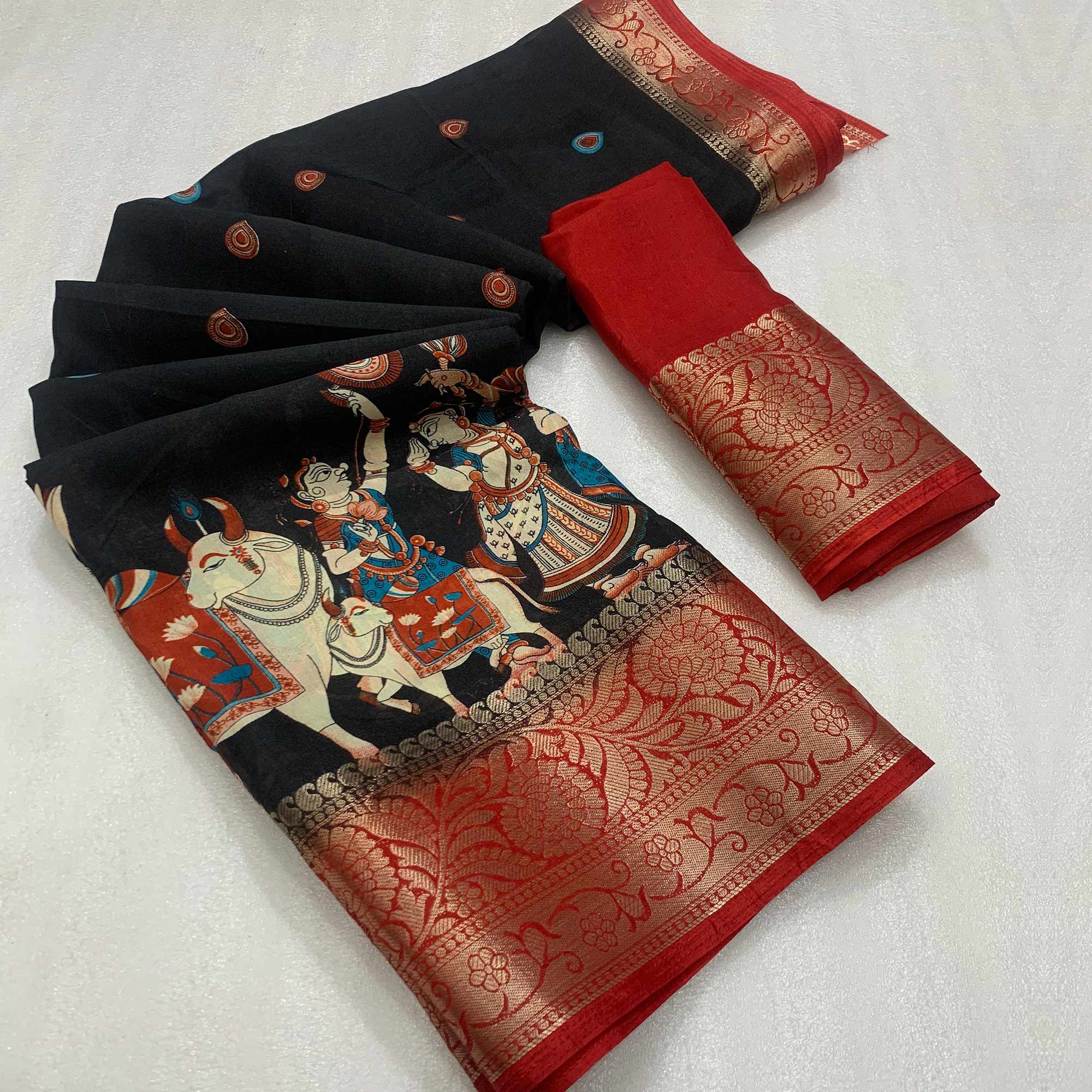 Black Digital Printed Dola Silk Saree With Woven Jacquard Border