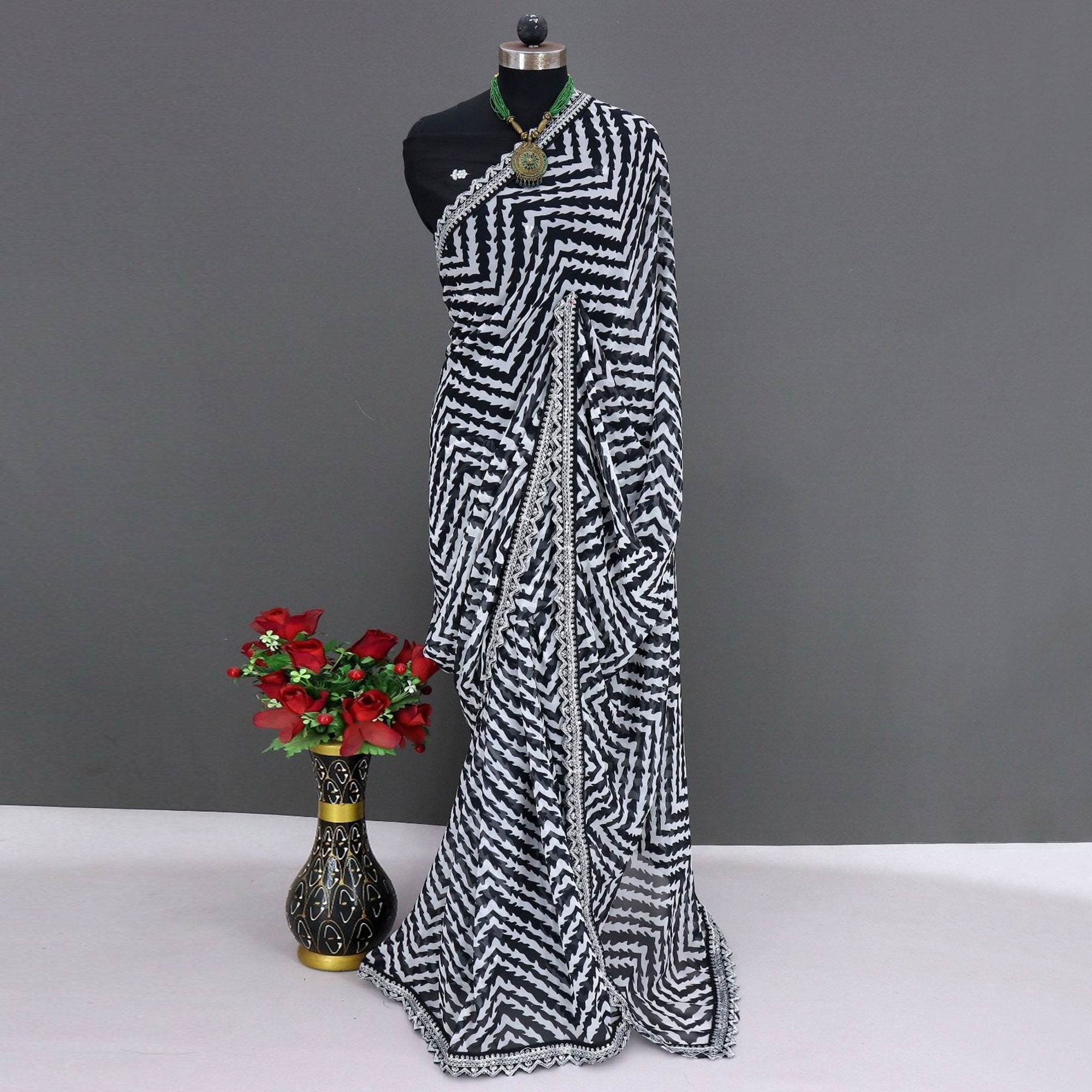 Black Zig Zag Printed Georgette Saree With Sequins Embroidered Border