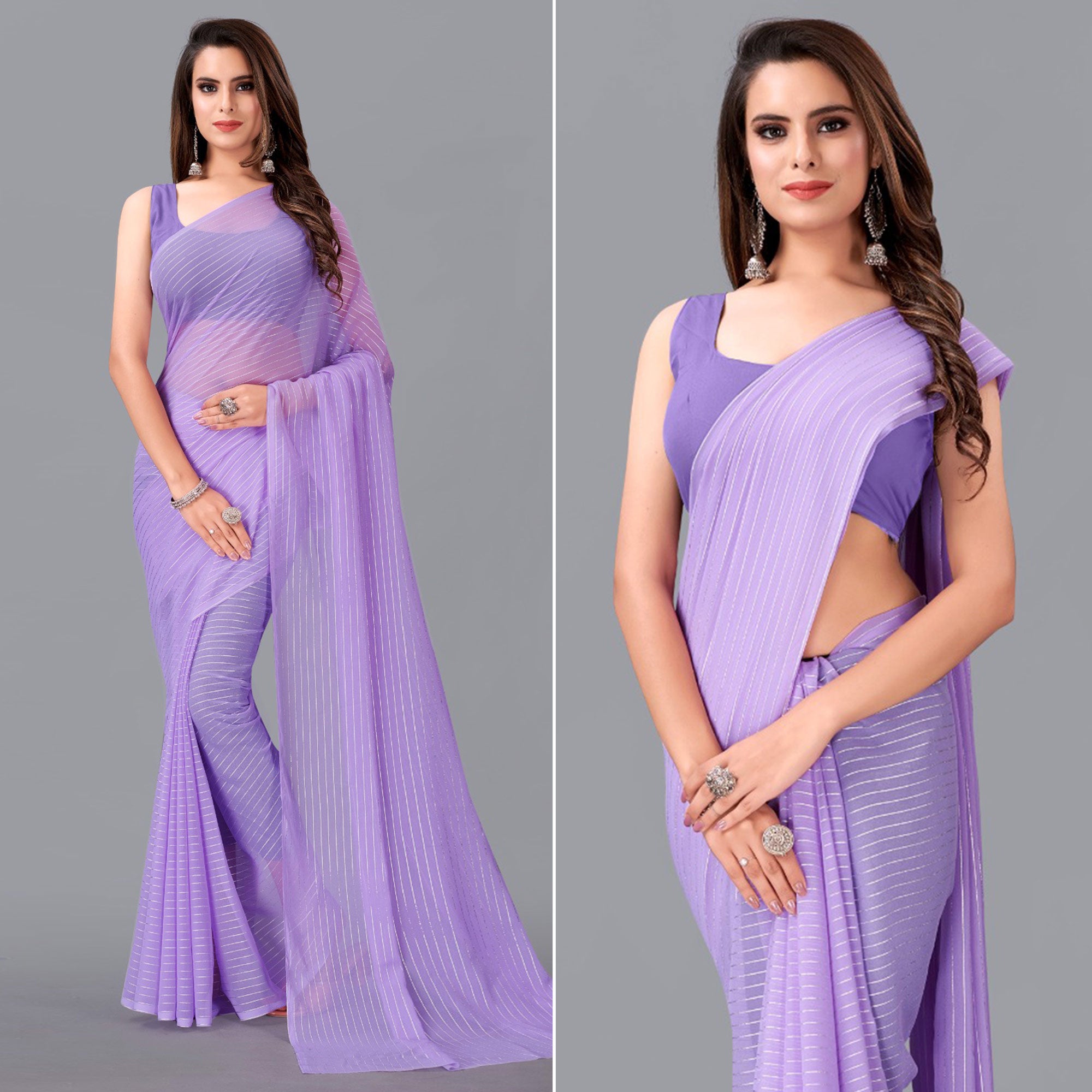 Purple Striped Foil Printed Georgette Saree